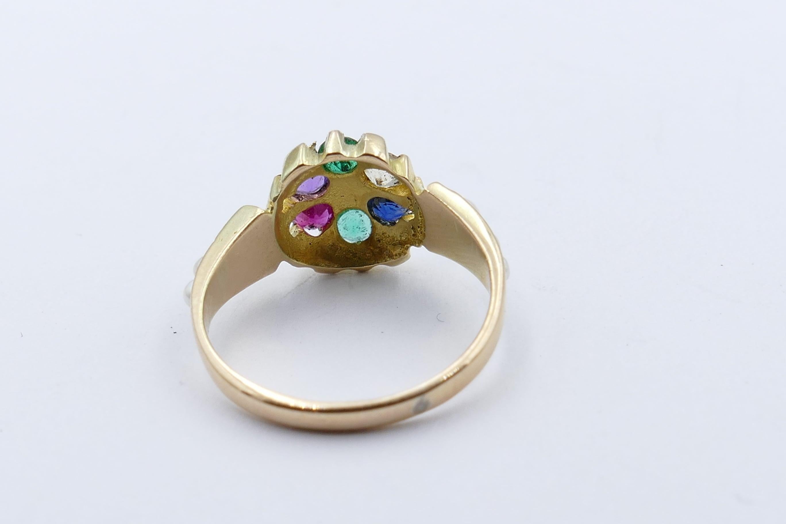 Antique 15 Carat Yellow Gold Diamond and Multi Gemstone Victorian Ring In Excellent Condition In Splitter's Creek, NSW