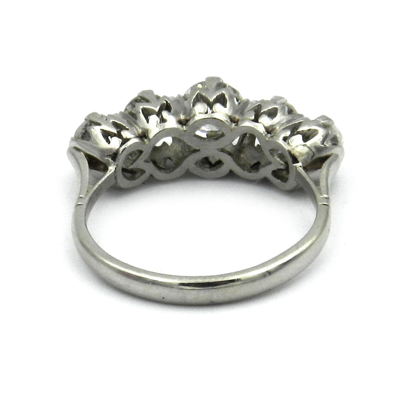 Women's Antique 1.5 ct Diamond Five Stone Platinum Ring circa 1910 For Sale