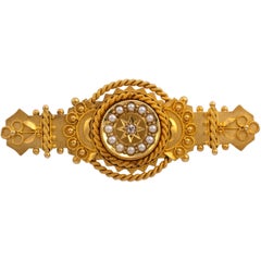 Antique 15 Karat Cannetille Diamond Pearl Decorated Brooch, circa 1890