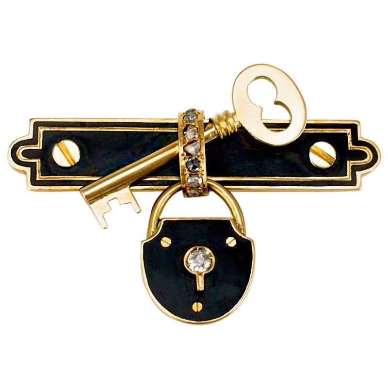 Antique 15 Karat Gold Diamond and Black Enamel Lock and Key Brooch Pin, 1880s For Sale