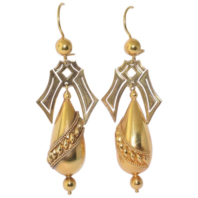 Antique 15 Karat Gold Hollowform Pendant Earrings by Castellani, circa 1870s