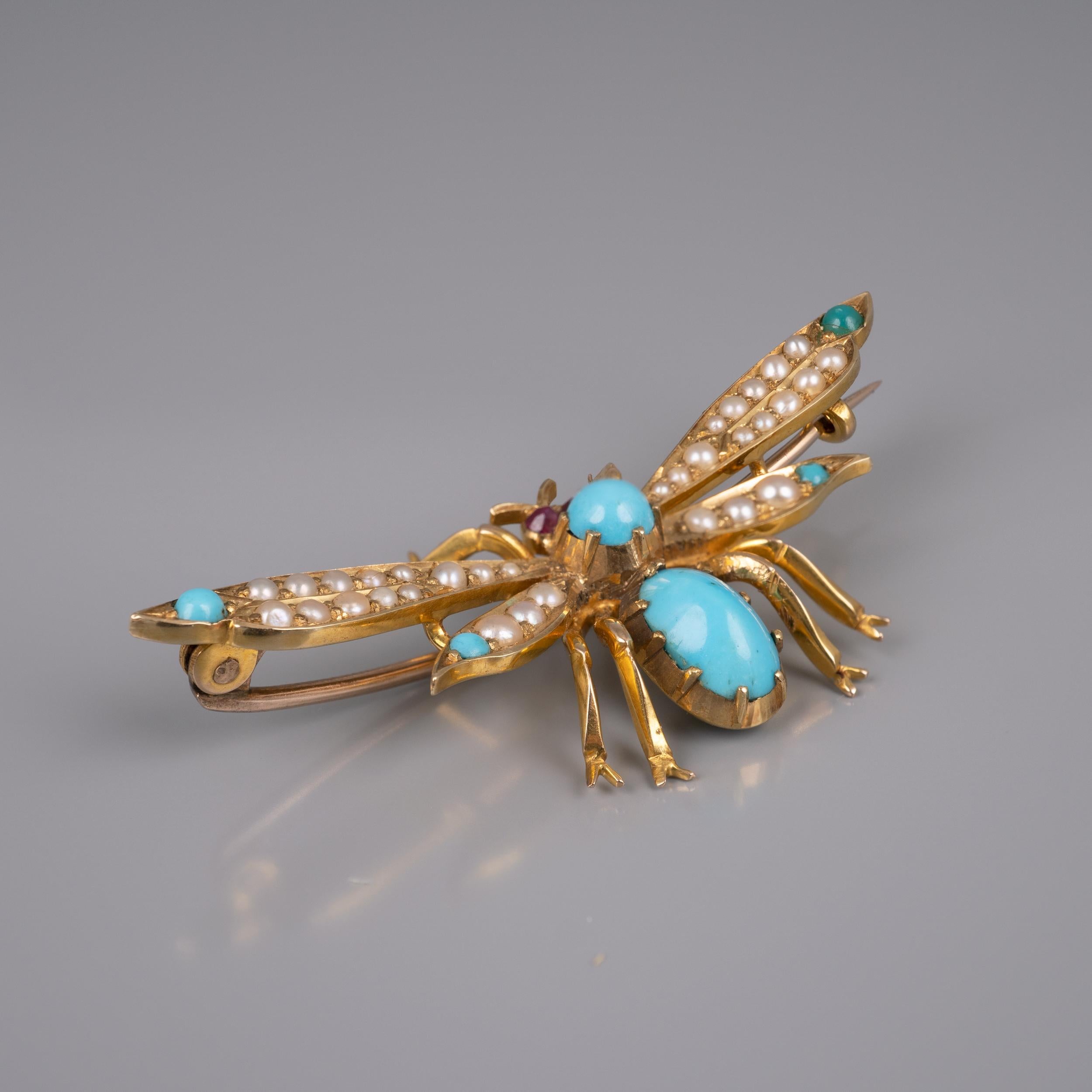 Cabochon Antique 15 Karat Gold Turquoise Pearl Ruby Winged Insect Brooch, circa 1910 For Sale