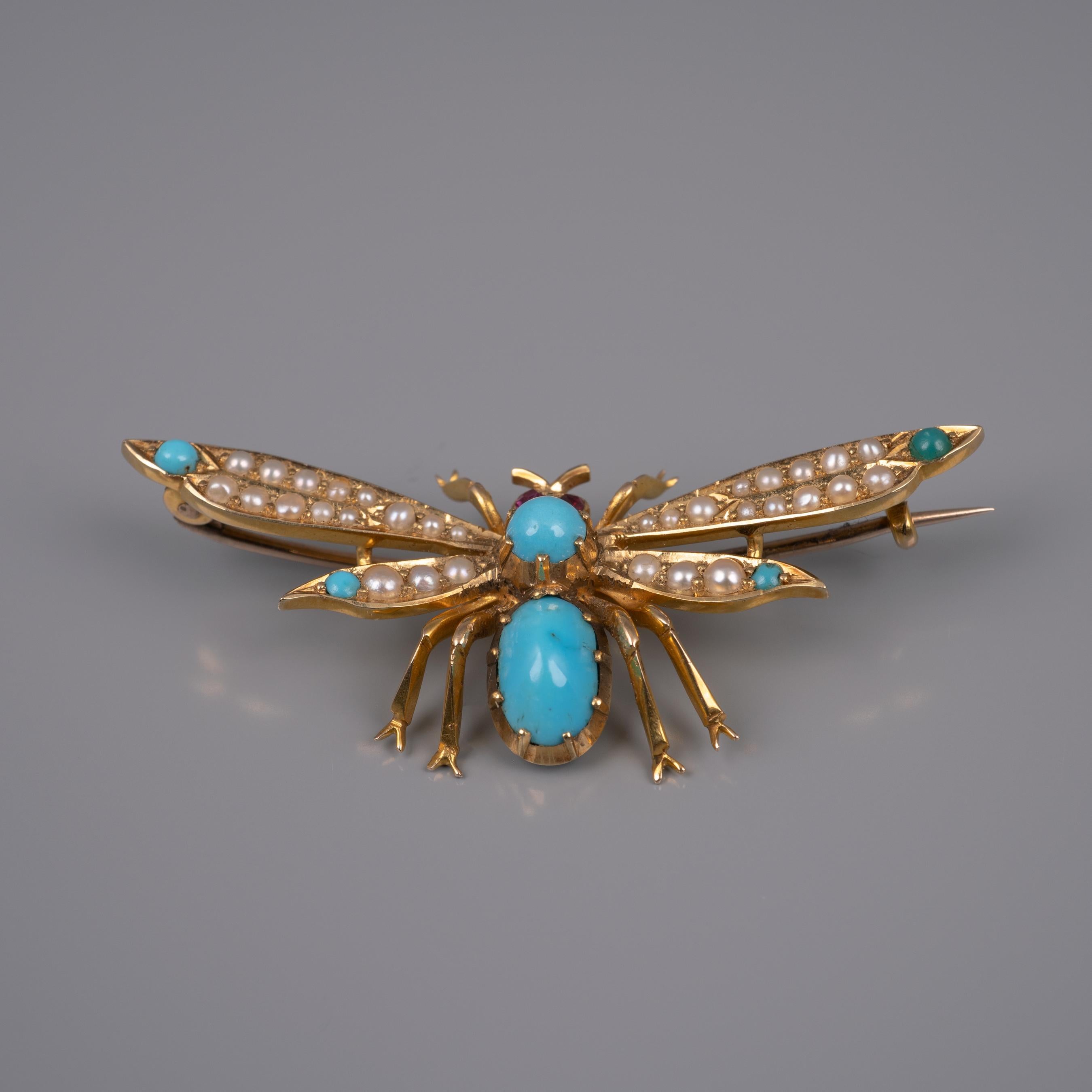Antique 15 Karat Gold Turquoise Pearl Ruby Winged Insect Brooch, circa 1910 In Good Condition For Sale In Preston, Lancashire