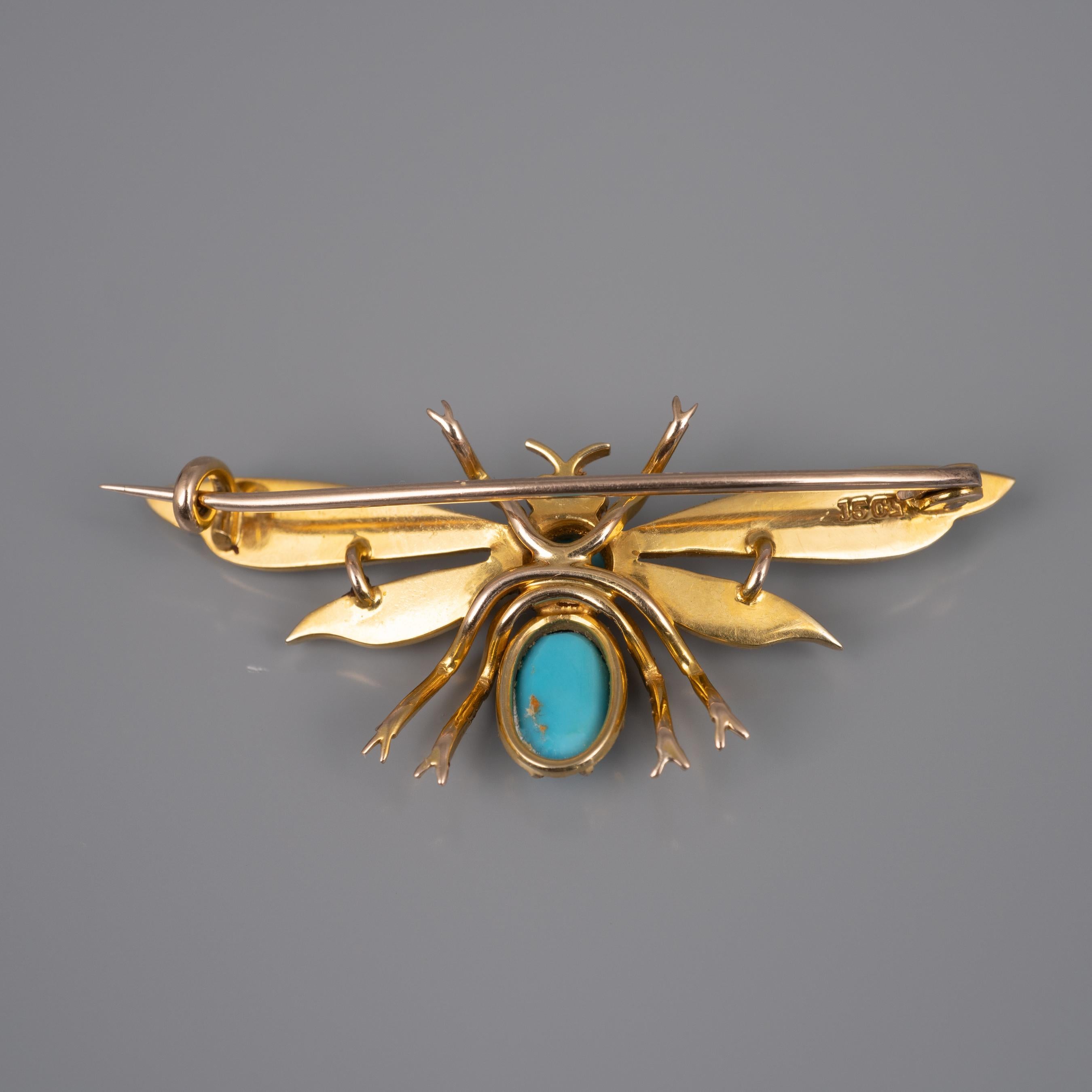 Women's Antique 15 Karat Gold Turquoise Pearl Ruby Winged Insect Brooch, circa 1910 For Sale