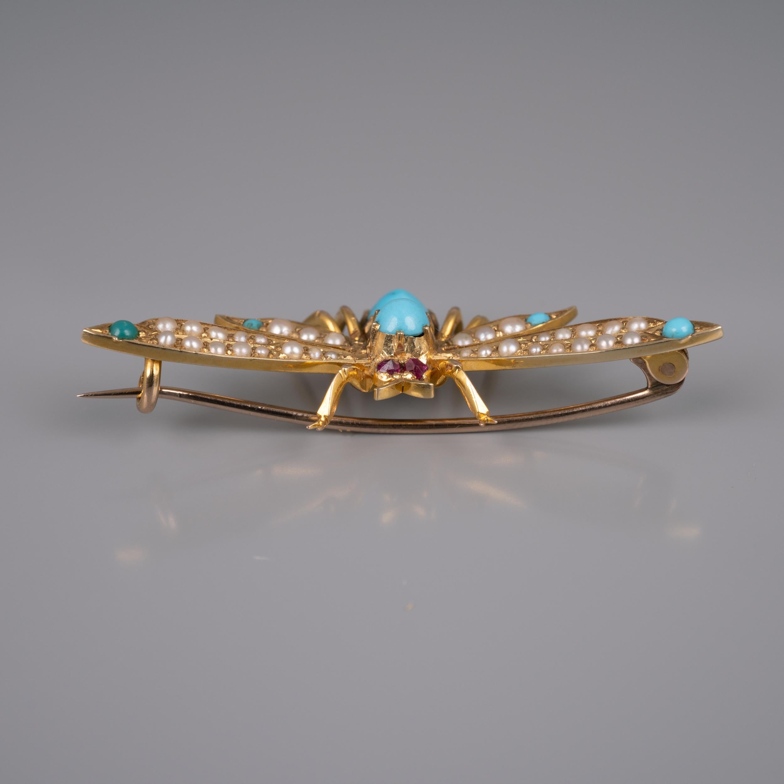 Antique 15 Karat Gold Turquoise Pearl Ruby Winged Insect Brooch, circa 1910 For Sale 1