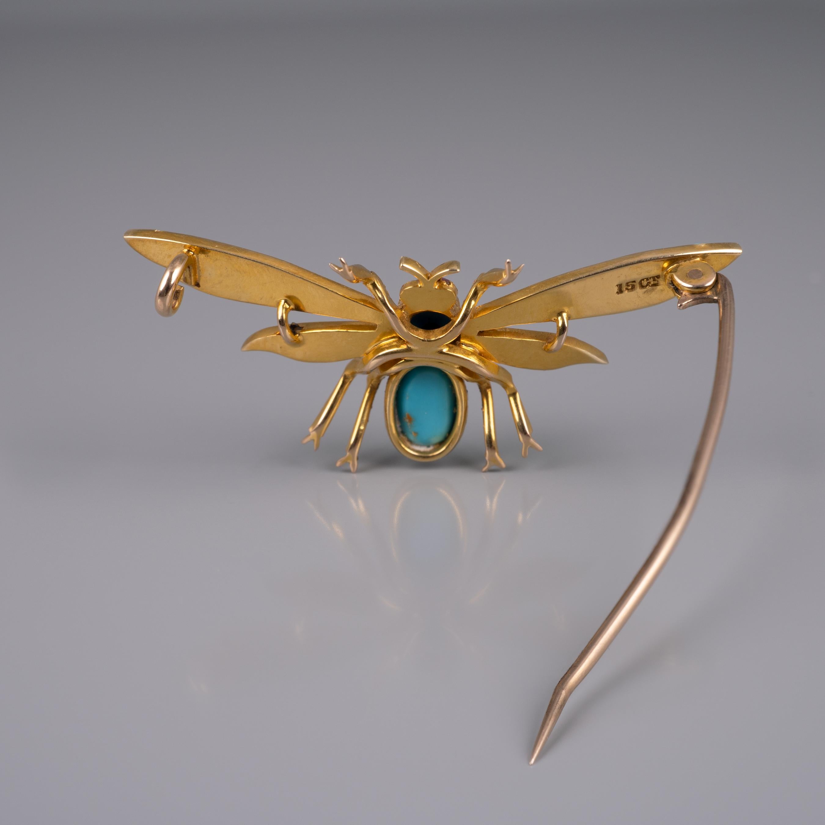 Antique 15 Karat Gold Turquoise Pearl Ruby Winged Insect Brooch, circa 1910 For Sale 2