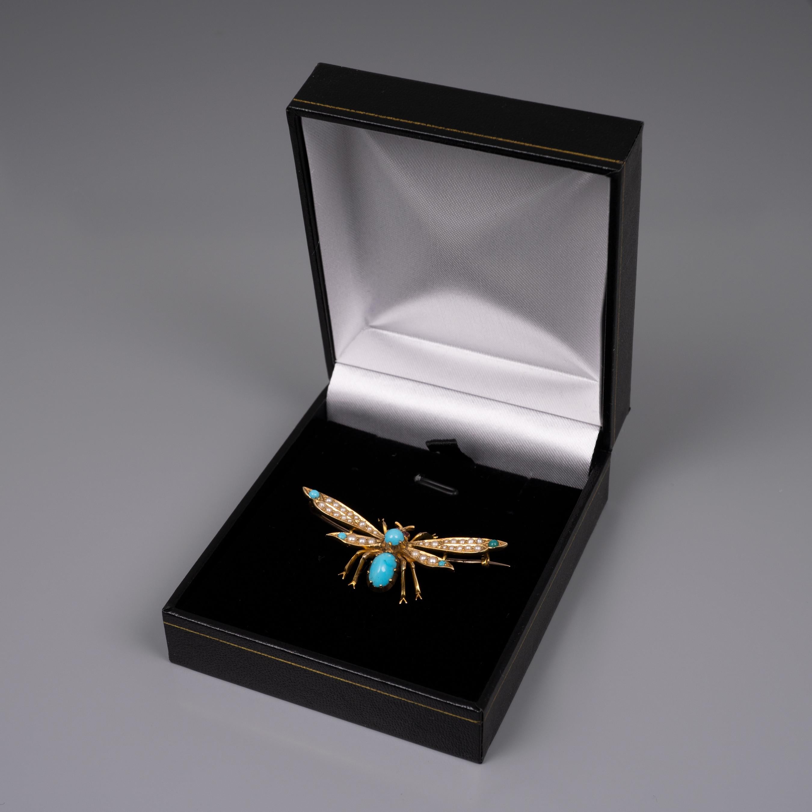Antique 15 Karat Gold Turquoise Pearl Ruby Winged Insect Brooch, circa 1910 For Sale 4