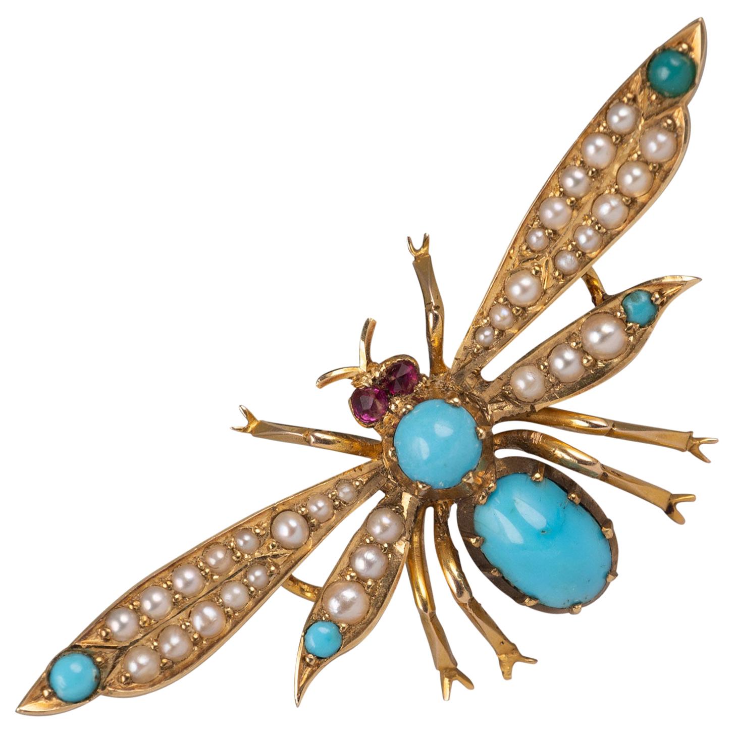 Antique 15 Karat Gold Turquoise Pearl Ruby Winged Insect Brooch, circa 1910 For Sale