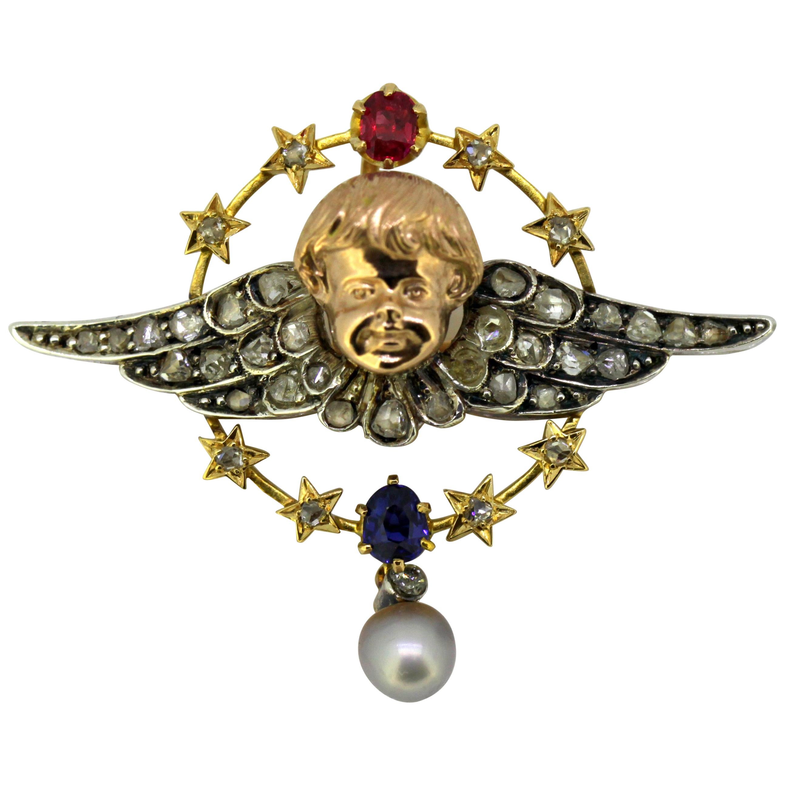 Antique 15 Karat Yellow Gold and Sterling Silver Brooch, Prague, 1880s