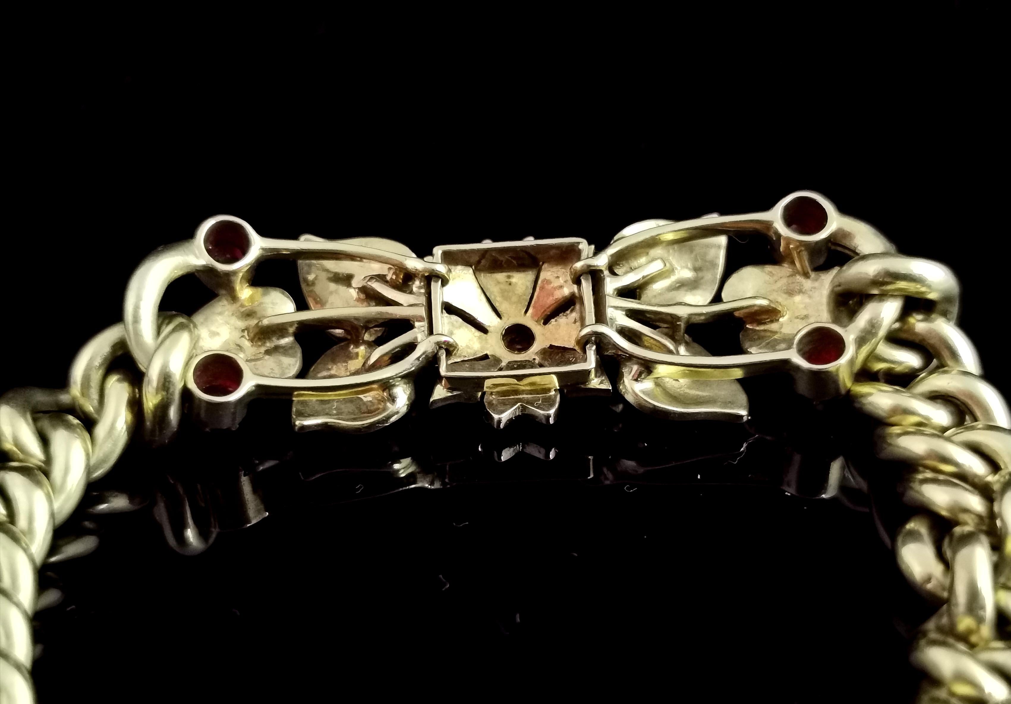 Antique 15 Karat Yellow Gold Curb Bracelet, Ruby and Pearl, Floral, Edwardian 5