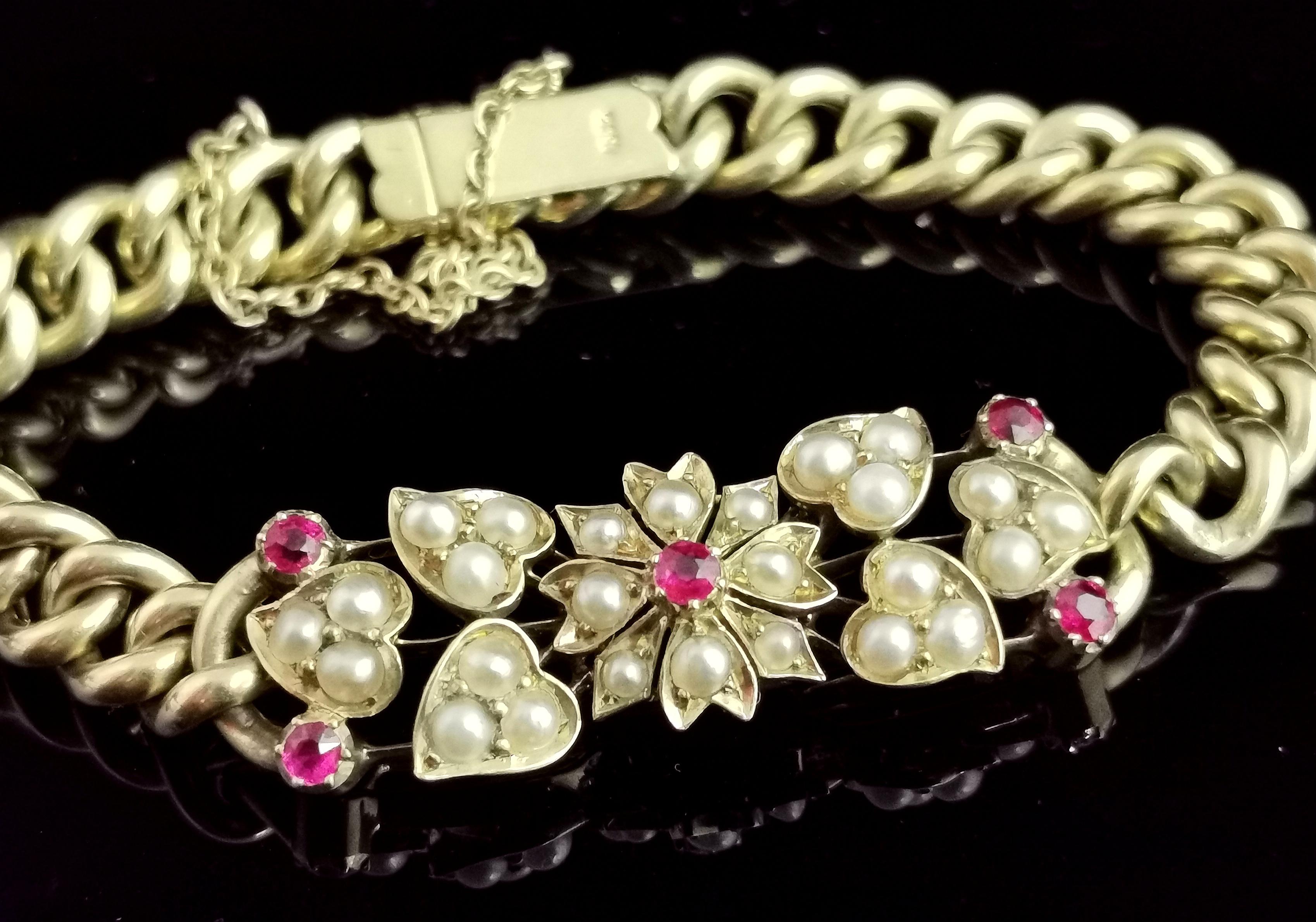 Round Cut Antique 15 Karat Yellow Gold Curb Bracelet, Ruby and Pearl, Floral, Edwardian