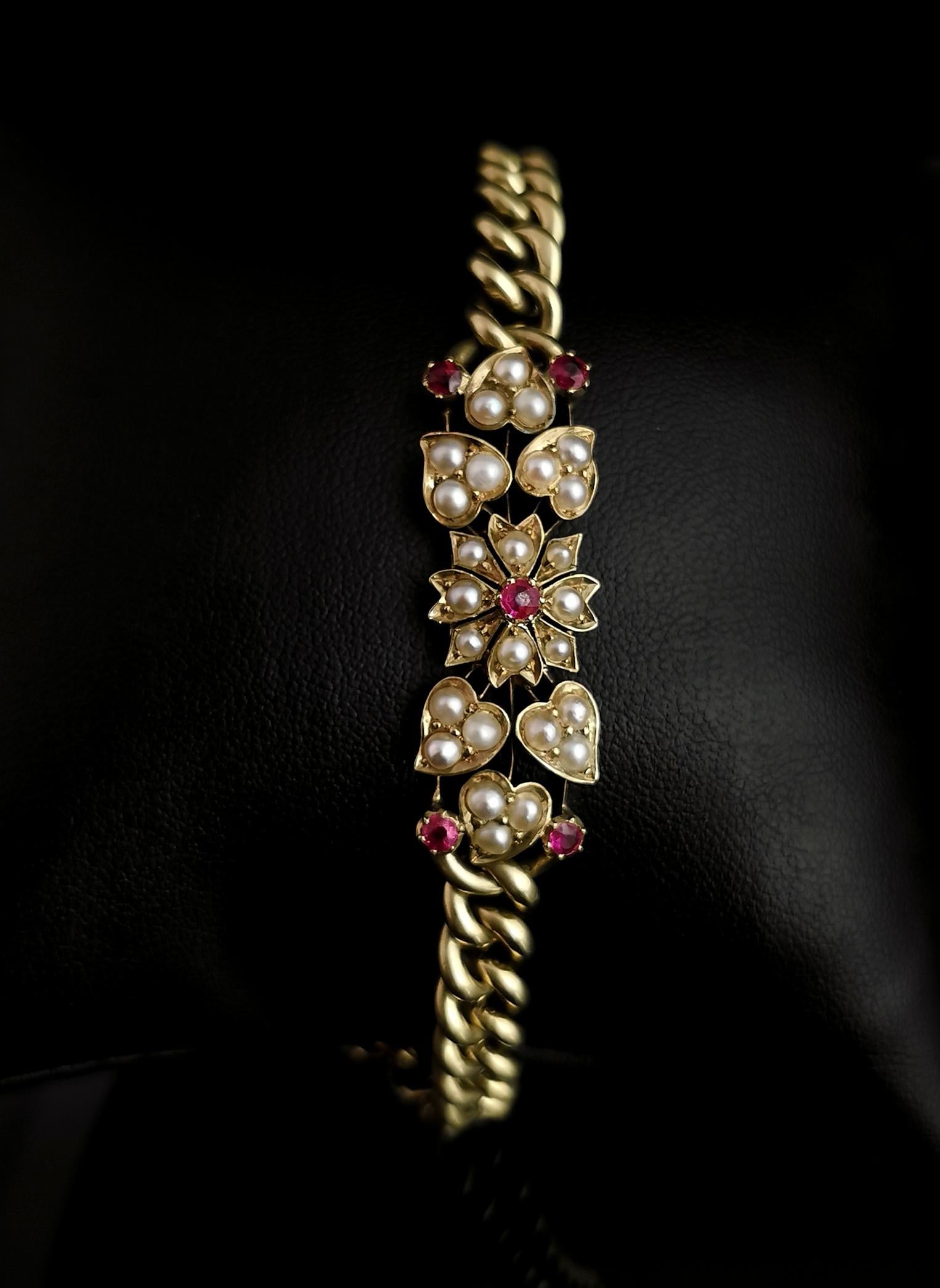 Women's Antique 15 Karat Yellow Gold Curb Bracelet, Ruby and Pearl, Floral, Edwardian