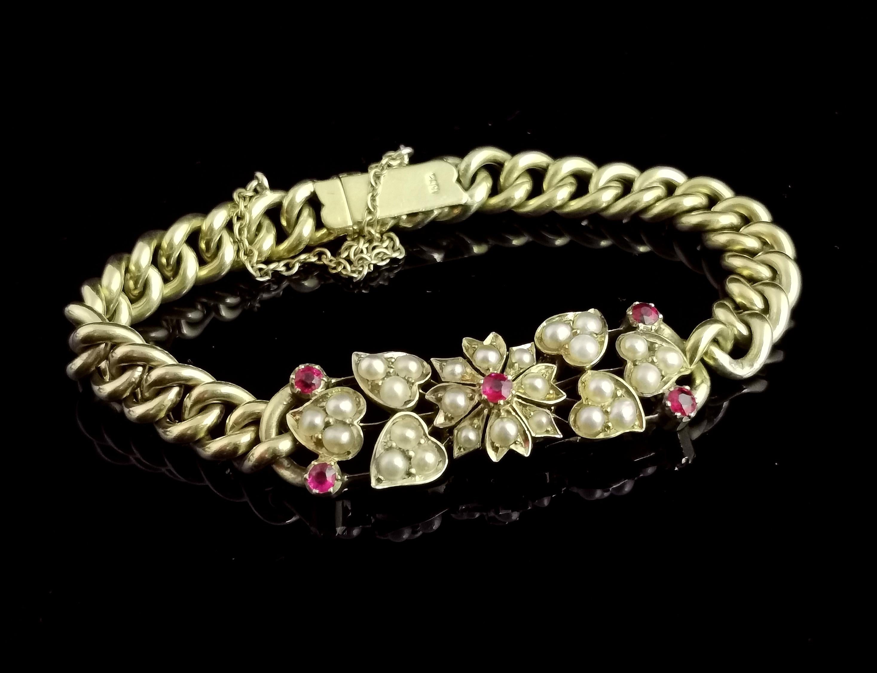 Antique 15 Karat Yellow Gold Curb Bracelet, Ruby and Pearl, Floral, Edwardian 4