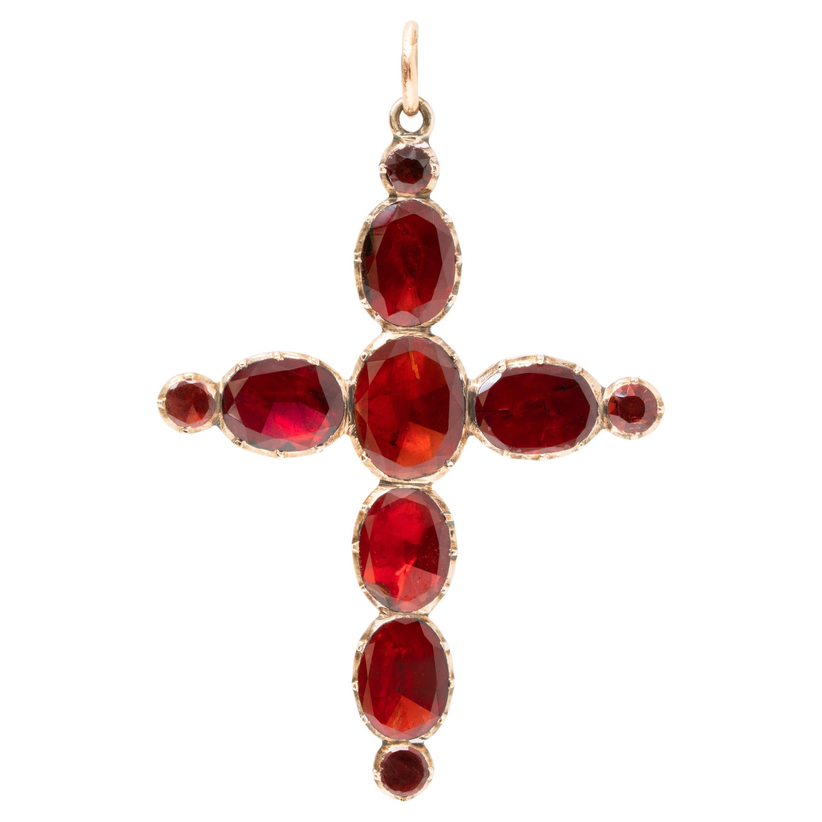 Antique 15 Karat Yellow Gold Flat Cut Garnet Cross Charm Pendant