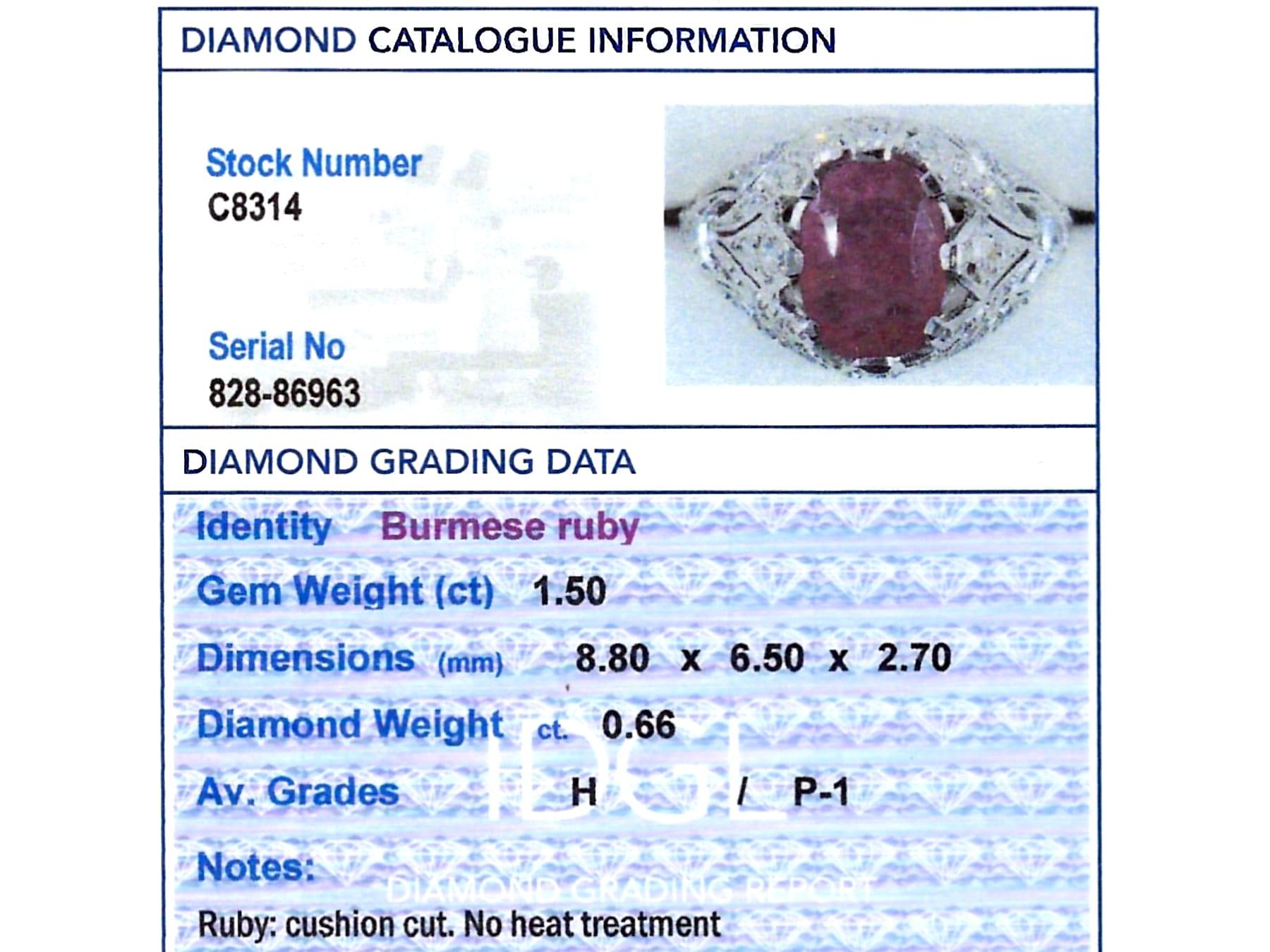 Antique 1.50 Carat Burmese Ruby and 0.66 Carat Diamond Platinum Dress Ring For Sale 5