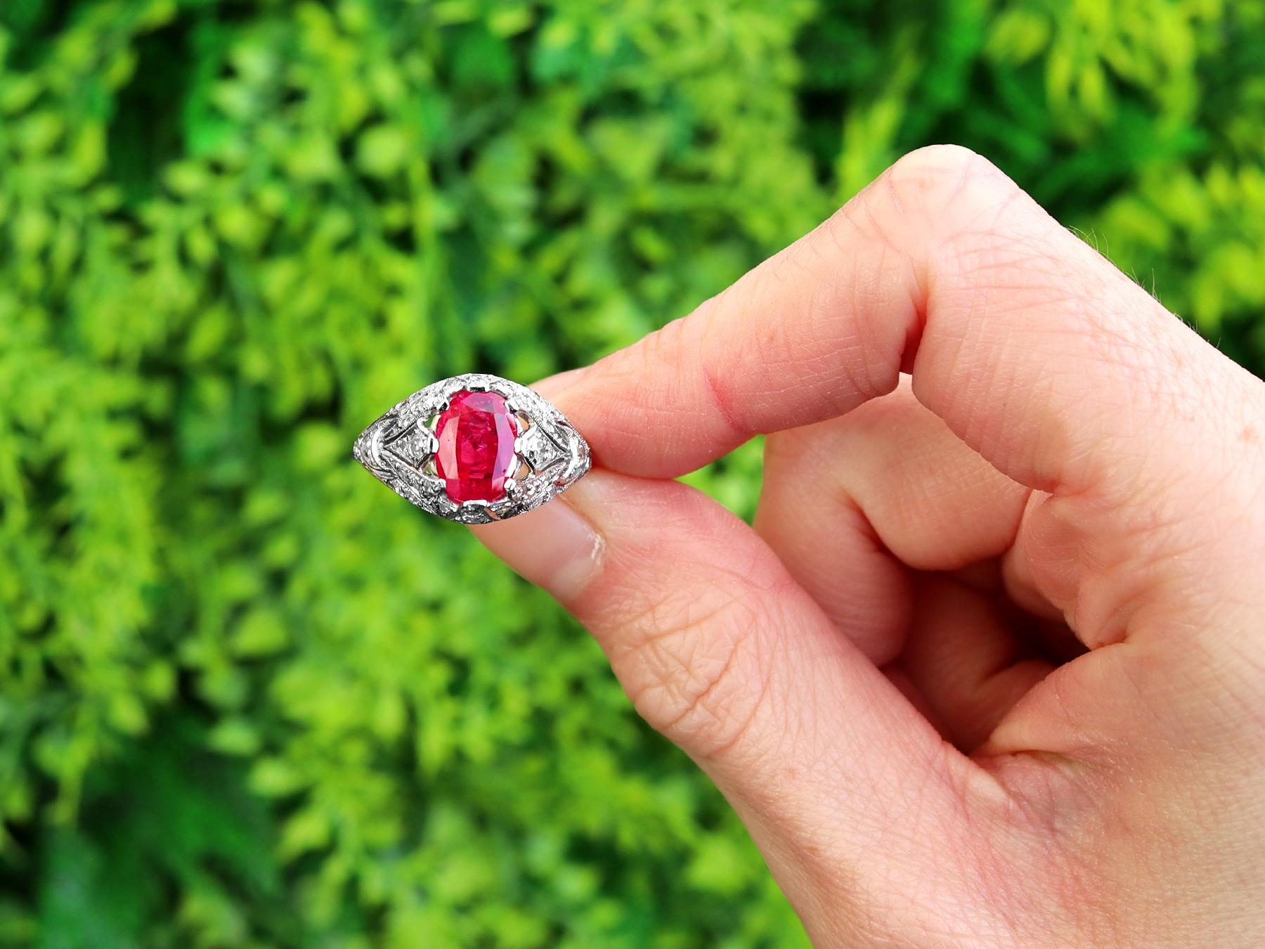 A stunning, fine and impressive antique 1.50 carat Burmese ruby and 0.66 carat diamond, platinum dress ring; part of our diverse Burmese ruby jewellery collections.

This stunning antique ruby ring has been crafted in platinum.

The pierced
