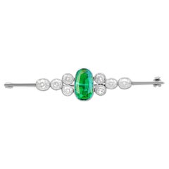 Antique 1.50 Carat Emerald and 2.62 Carat Diamond Bar Brooch