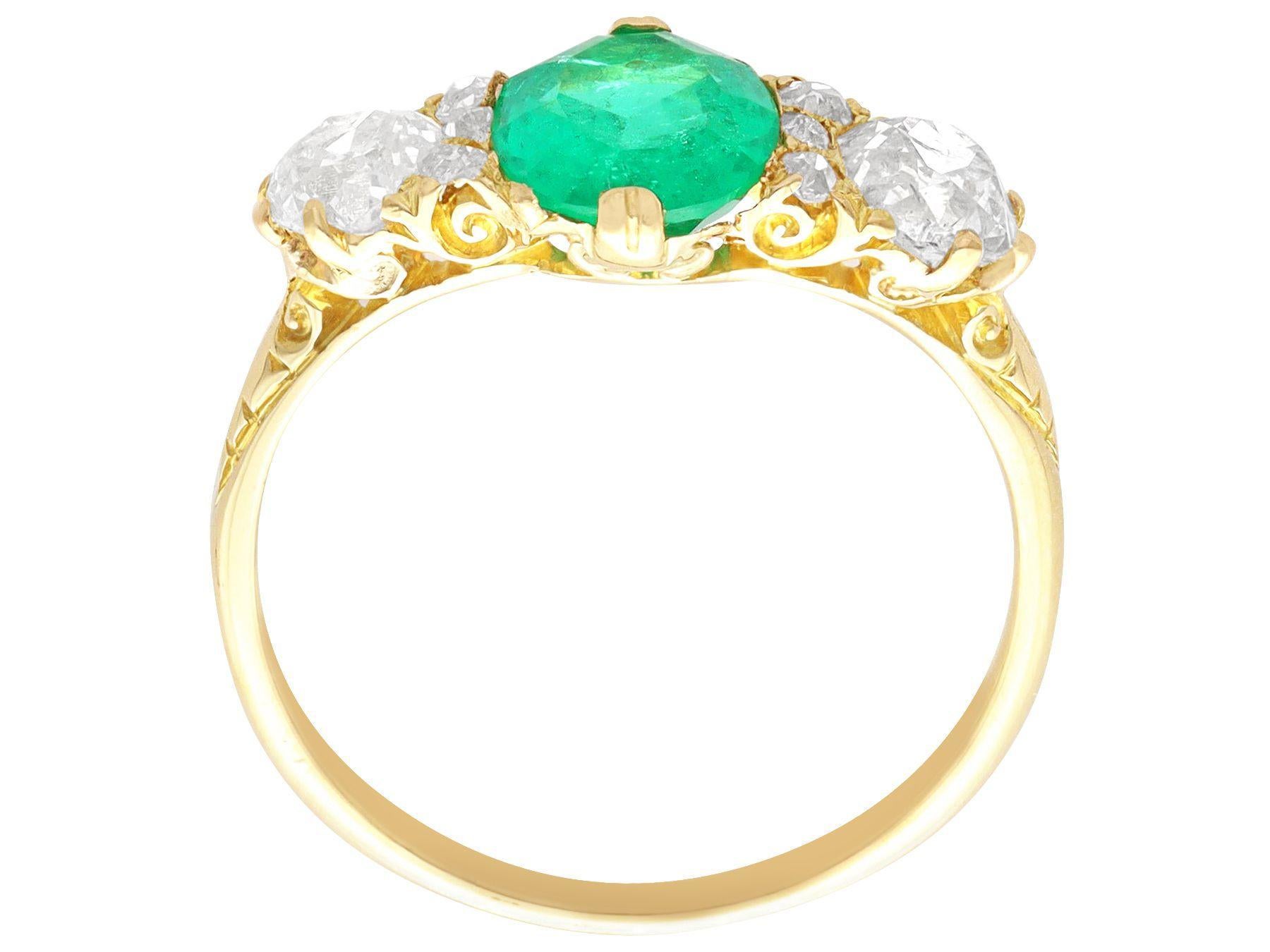 Antique 1.50 Carat Emerald and 2.64 Carat Diamond Yellow Gold Ring For Sale 1