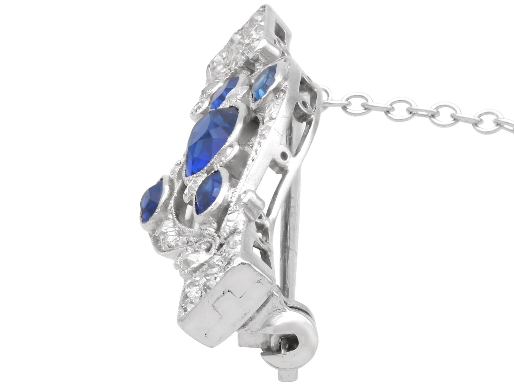 Cushion Cut Antique 1.50 Carat Sapphire, 0.60 Carat Diamond and Platinum Brooch Circa 1910 For Sale
