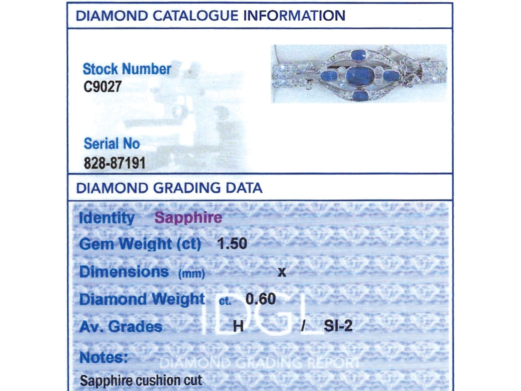 Antique 1.50 Carat Sapphire, 0.60 Carat Diamond and Platinum Brooch Circa 1910 For Sale 3