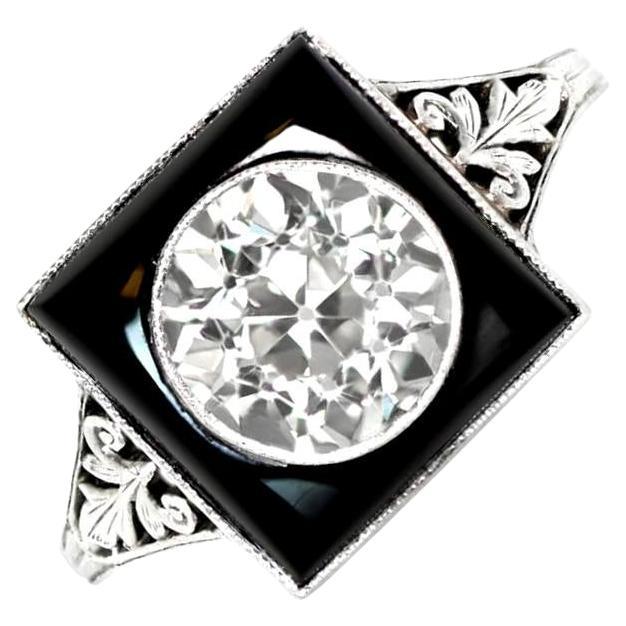 Antique 1.50 Carat Old Euro-Cut Diamond Ring, Vs1 Clarity, Onyx Halo, Platinum
