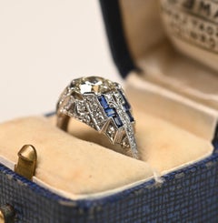 Antique 1.50ct Old European Cut Diamond Sapphire Accent Engagement Ring Platinum