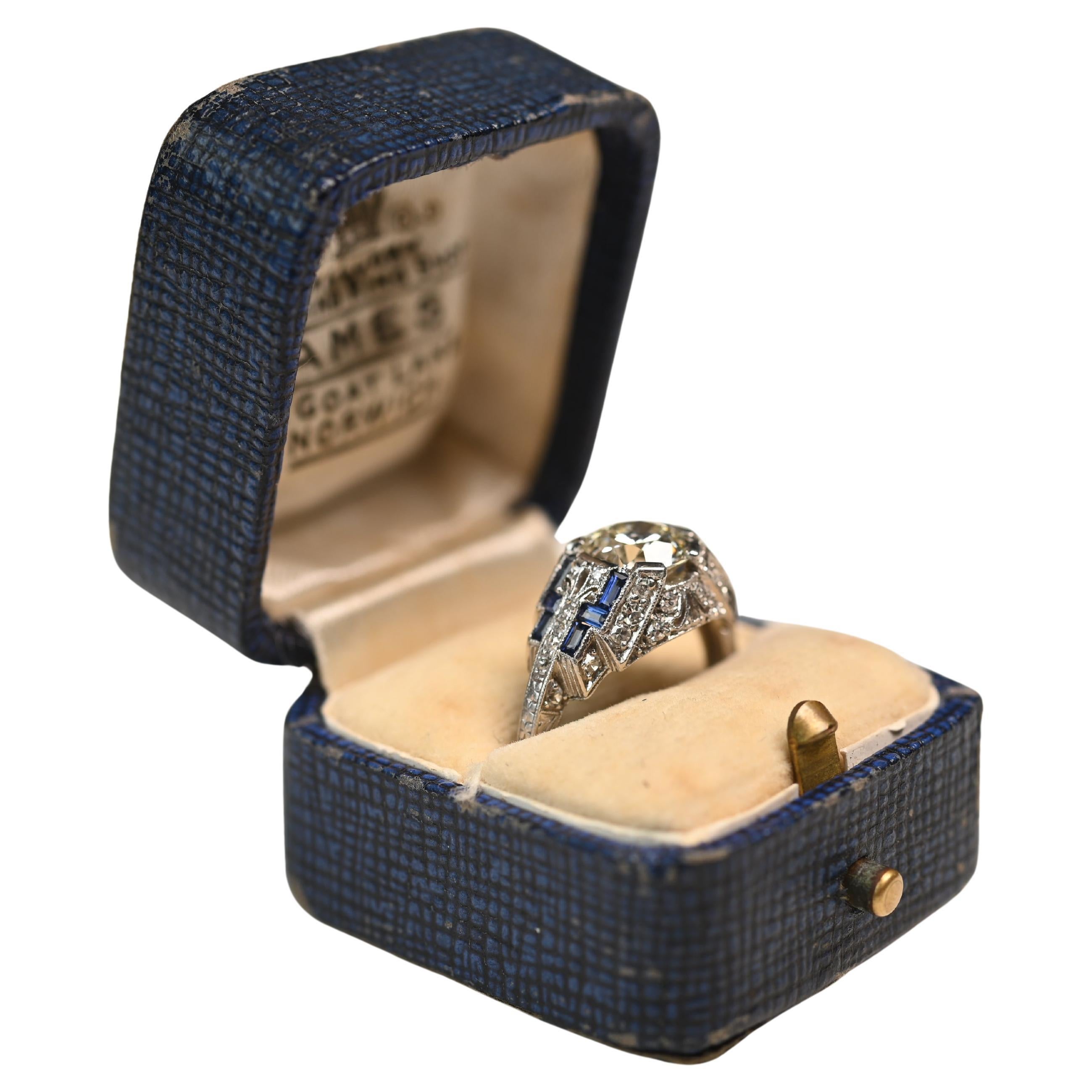 Art Deco Old European Engagement Ring. 1.50ct Diamond Sapphire Accent Platinum For Sale