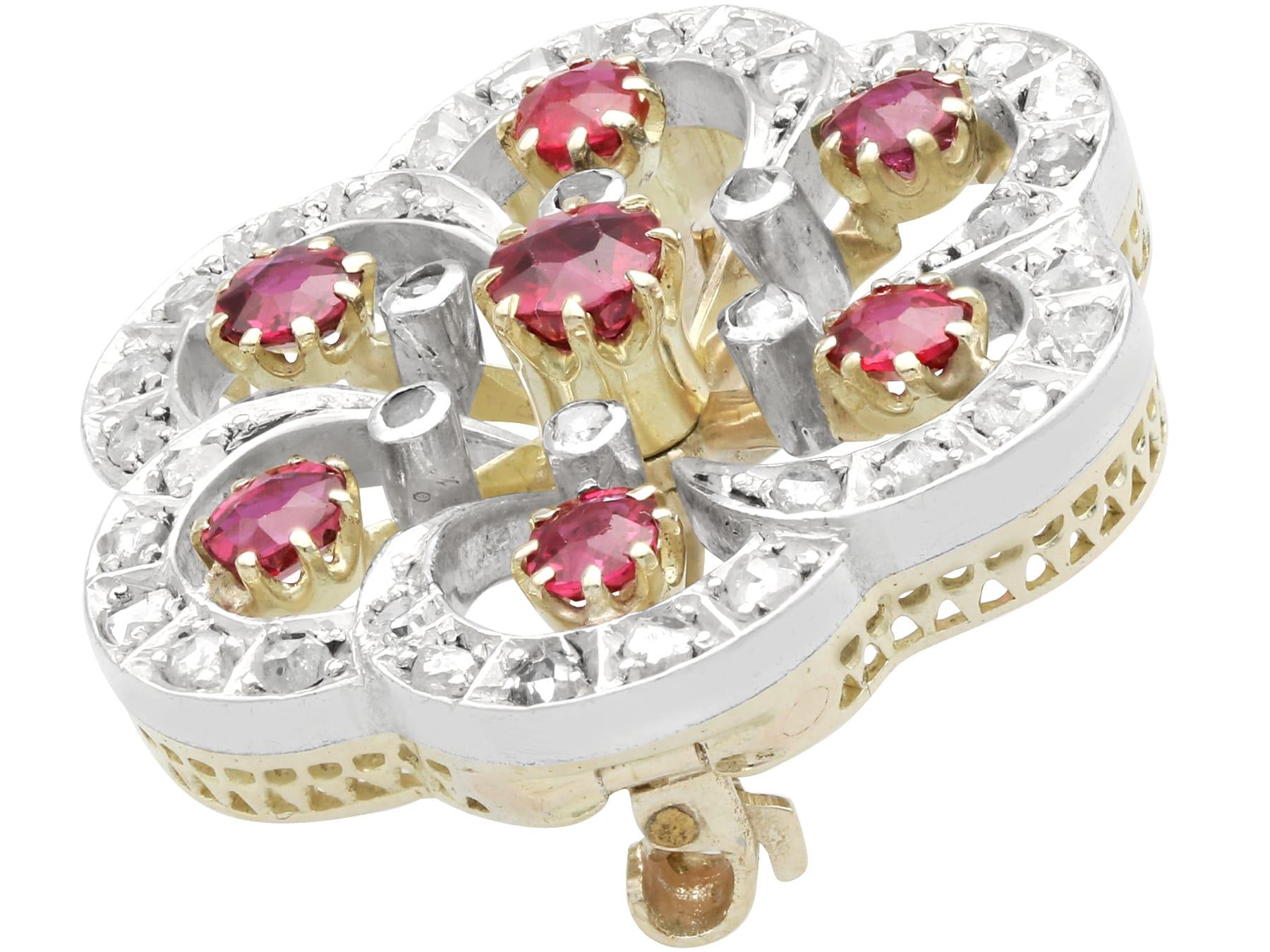 Round Cut Antique 1.50Ct Ruby and 0.60Ct Diamond 12k Yellow Gold Flower Brooch Circa 1890 For Sale