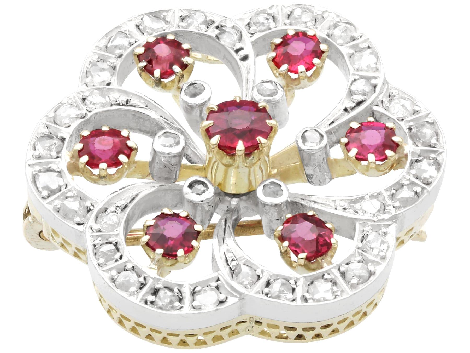 Antique 1.50Ct Ruby and 0.60Ct Diamond 12k Yellow Gold Flower Brooch Circa 1890 In Excellent Condition For Sale In Jesmond, Newcastle Upon Tyne