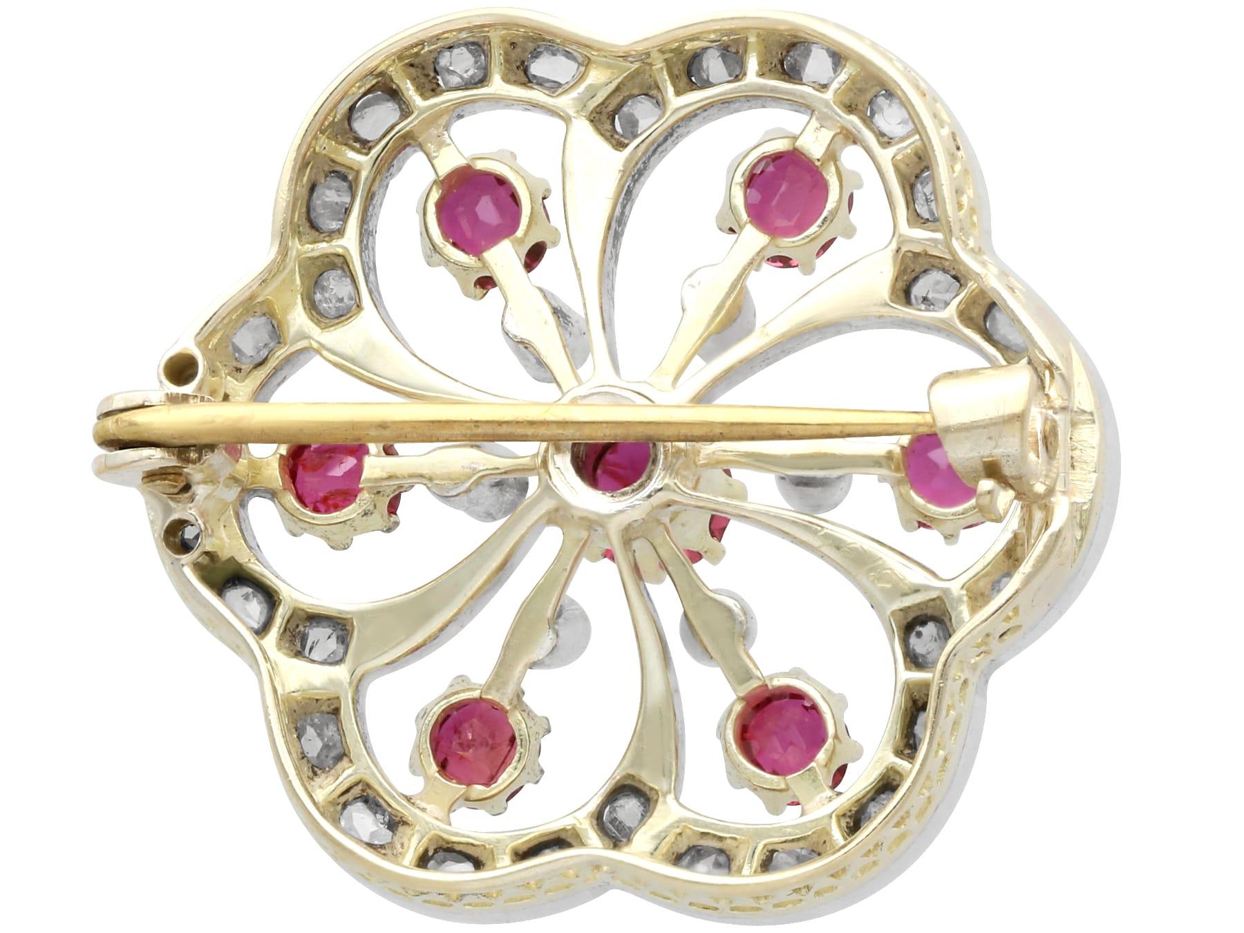 Women's or Men's Antique 1.50Ct Ruby and 0.60Ct Diamond 12k Yellow Gold Flower Brooch Circa 1890 For Sale