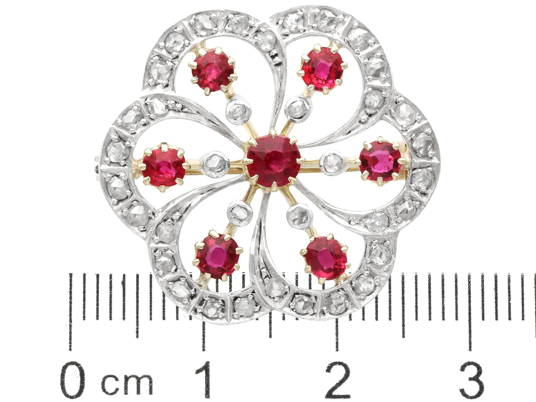 Antique 1.50Ct Ruby and 0.60Ct Diamond 12k Yellow Gold Flower Brooch Circa 1890 For Sale 2