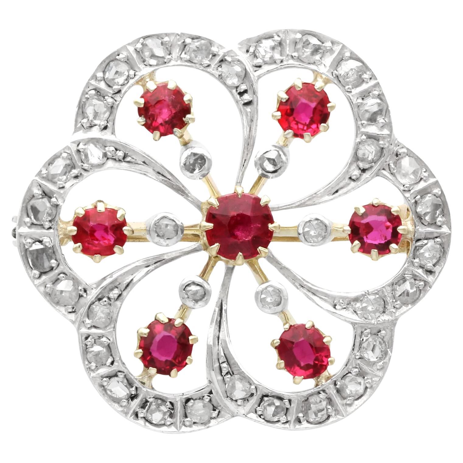 Antique 1.50Ct Ruby and 0.60Ct Diamond 12k Yellow Gold Flower Brooch Circa 1890