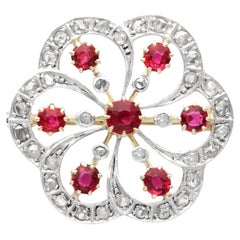 Antique 1.50Ct Ruby and 0.60Ct Diamond 12k Yellow Gold Flower Brooch Circa 1890