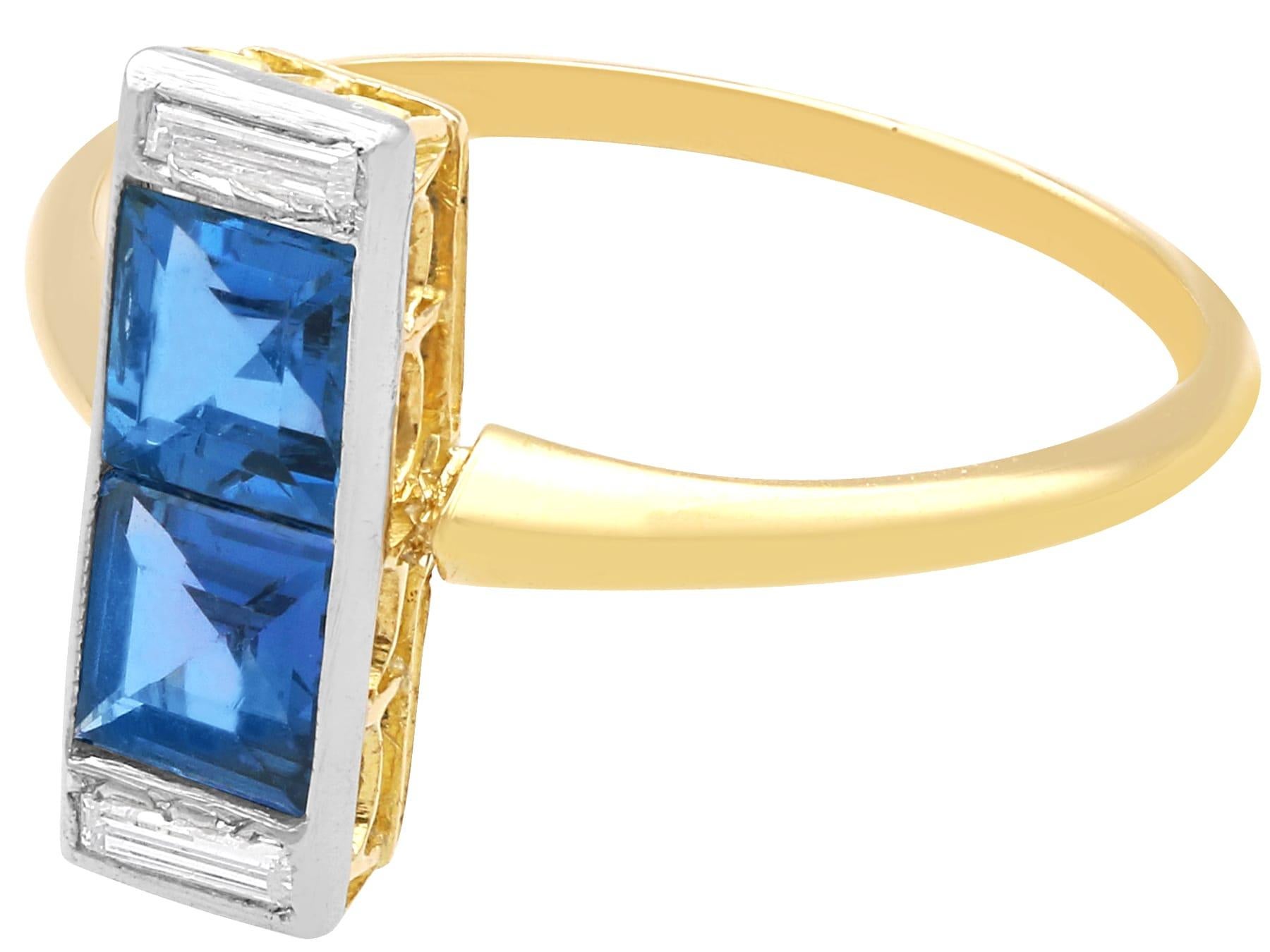 Emerald Cut Antique 1.50Ct Sapphire and 0.24Ct Diamond 18k Yellow Gold Dress Ring Circa 193 For Sale