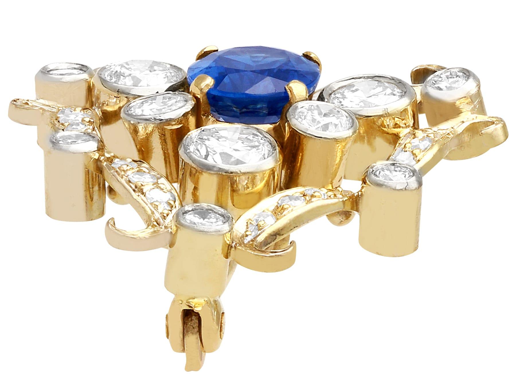 Oval Cut Antique 1.53 Carat Sapphire and 1 Carat Diamond Yellow Gold Brooch, Circa 1920 For Sale