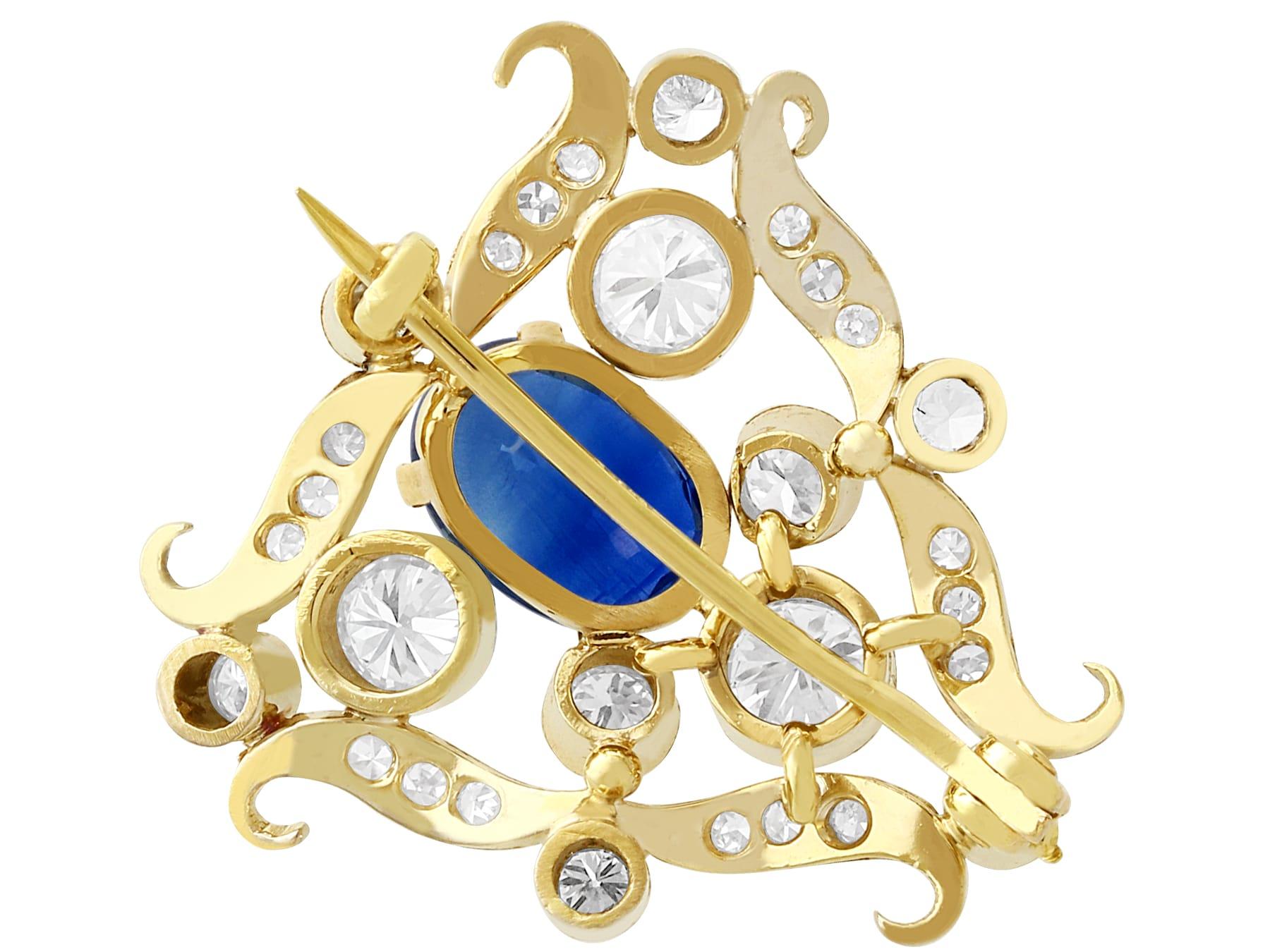 Women's or Men's Antique 1.53 Carat Sapphire and 1 Carat Diamond Yellow Gold Brooch, Circa 1920 For Sale