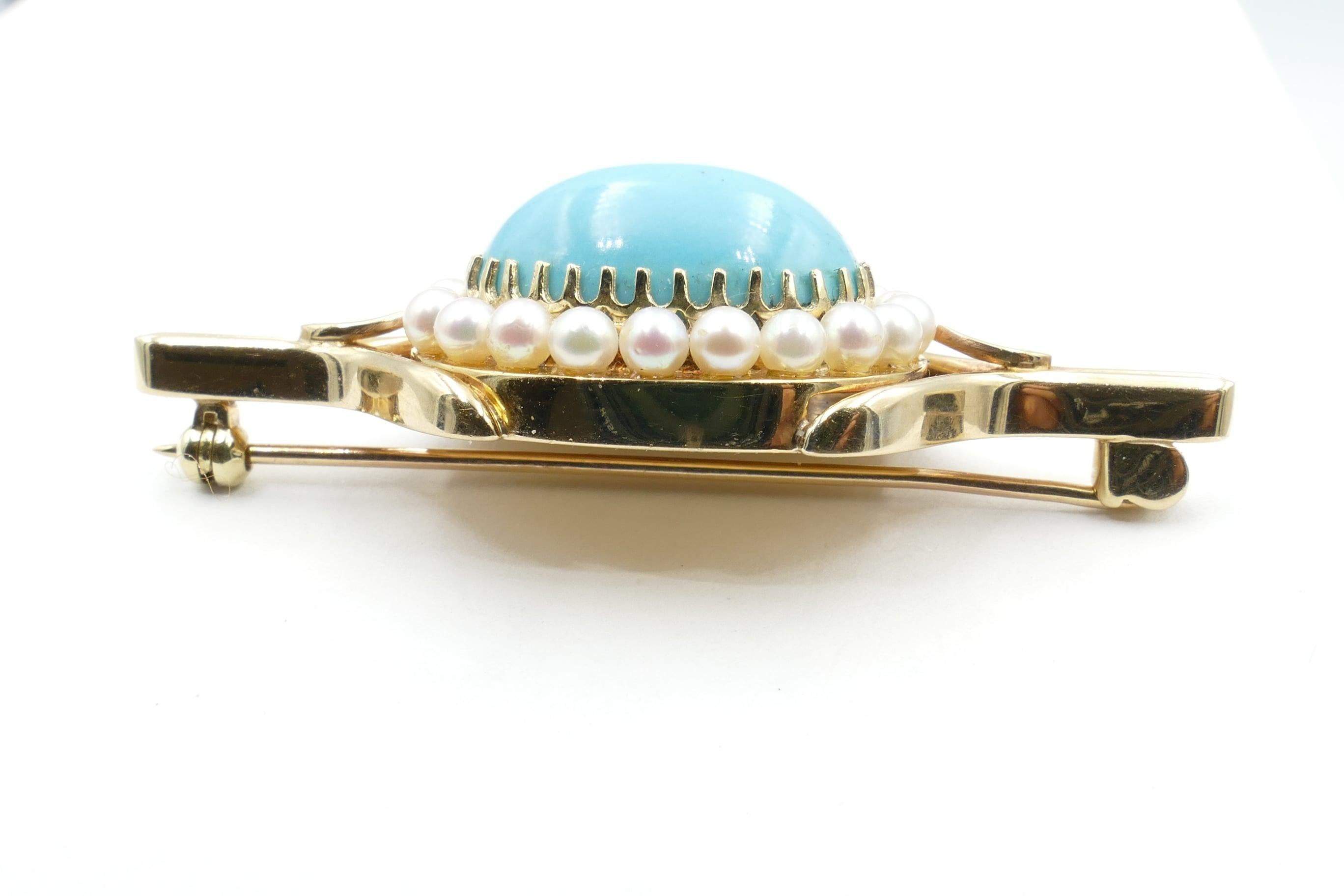 Victorian Antique 15.39 Carat Turquoise and Pearl 9 Carat Yellow Gold Brooch For Sale