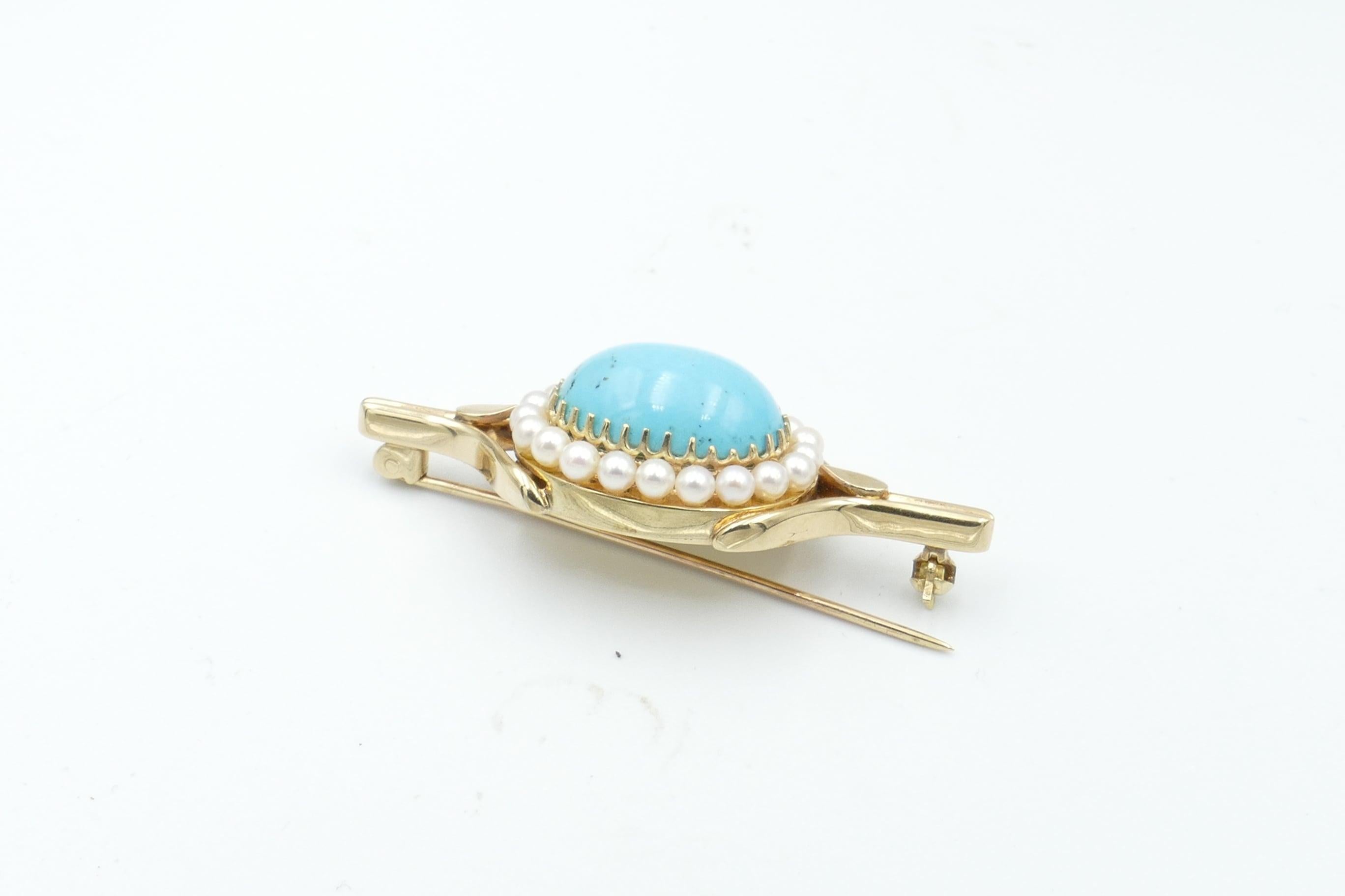 Antique 15.39 Carat Turquoise and Pearl 9 Carat Yellow Gold Brooch In Good Condition For Sale In Splitter's Creek, NSW