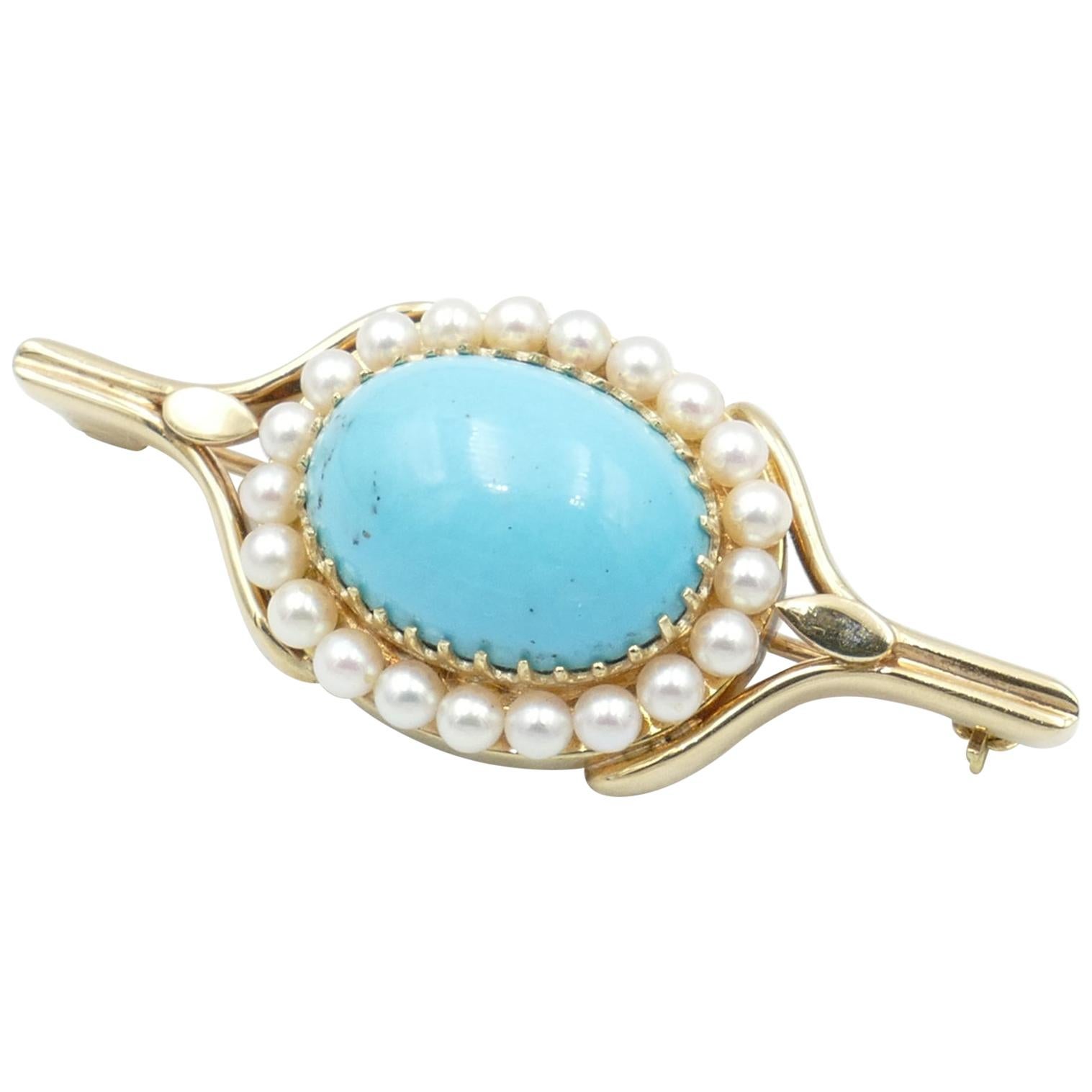 Antique 15.39 Carat Turquoise and Pearl 9 Carat Yellow Gold Brooch For Sale