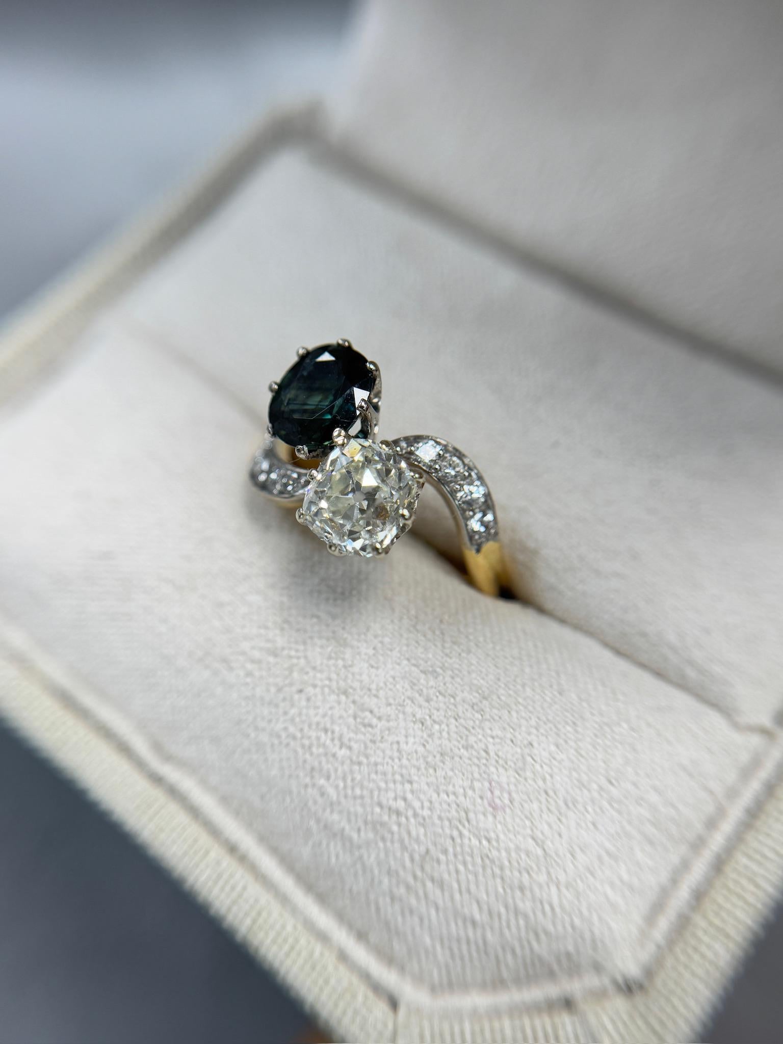 Taille vieille mine Bague Toi et Moi ancienne 1,53 carat OM et saphir naturel GIA YG et platine taille 5,75 en vente