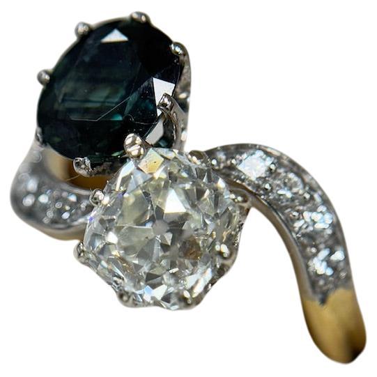 Bague Toi et Moi ancienne 1,53 carat OM et saphir naturel GIA YG et platine taille 5,75 Excellent état - En vente à New York, NY