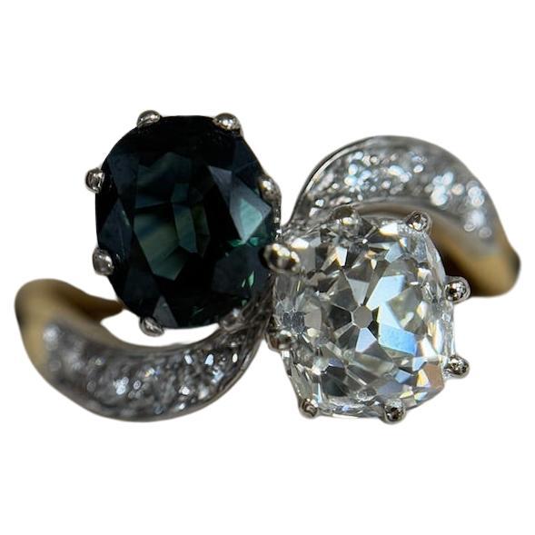Anello antico 1,53ct OM e zaffiro naturale Toi et Moi GIA YG e platino misura 5,75