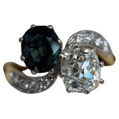 Antique 1.53ct OM & Natural Sapphire Toi et Moi Ring GIA YG & Platinum Size 5.75