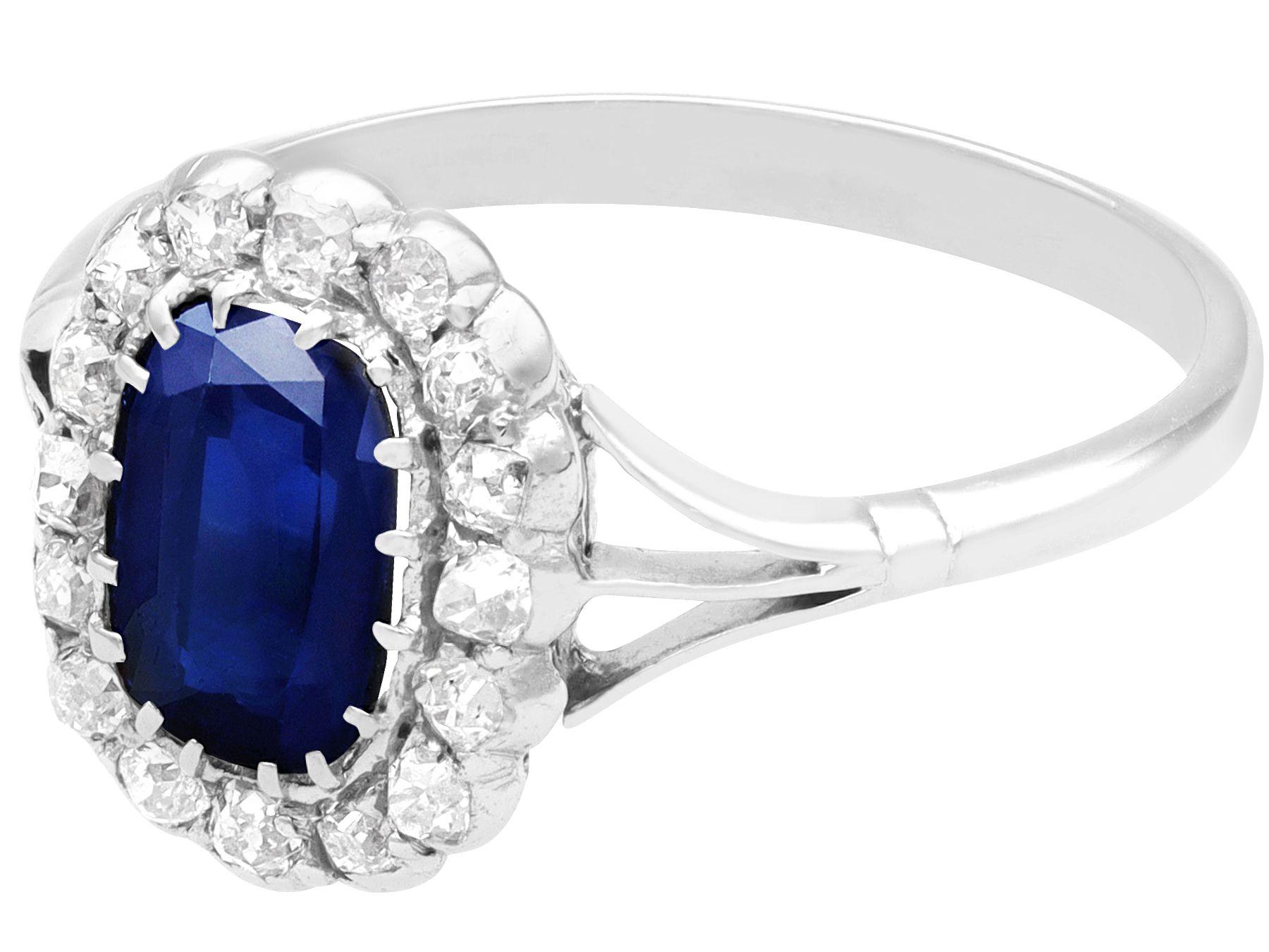 Cushion Cut Antique 1.55 Carat Sapphire and Diamond White Gold Cluster Ring For Sale