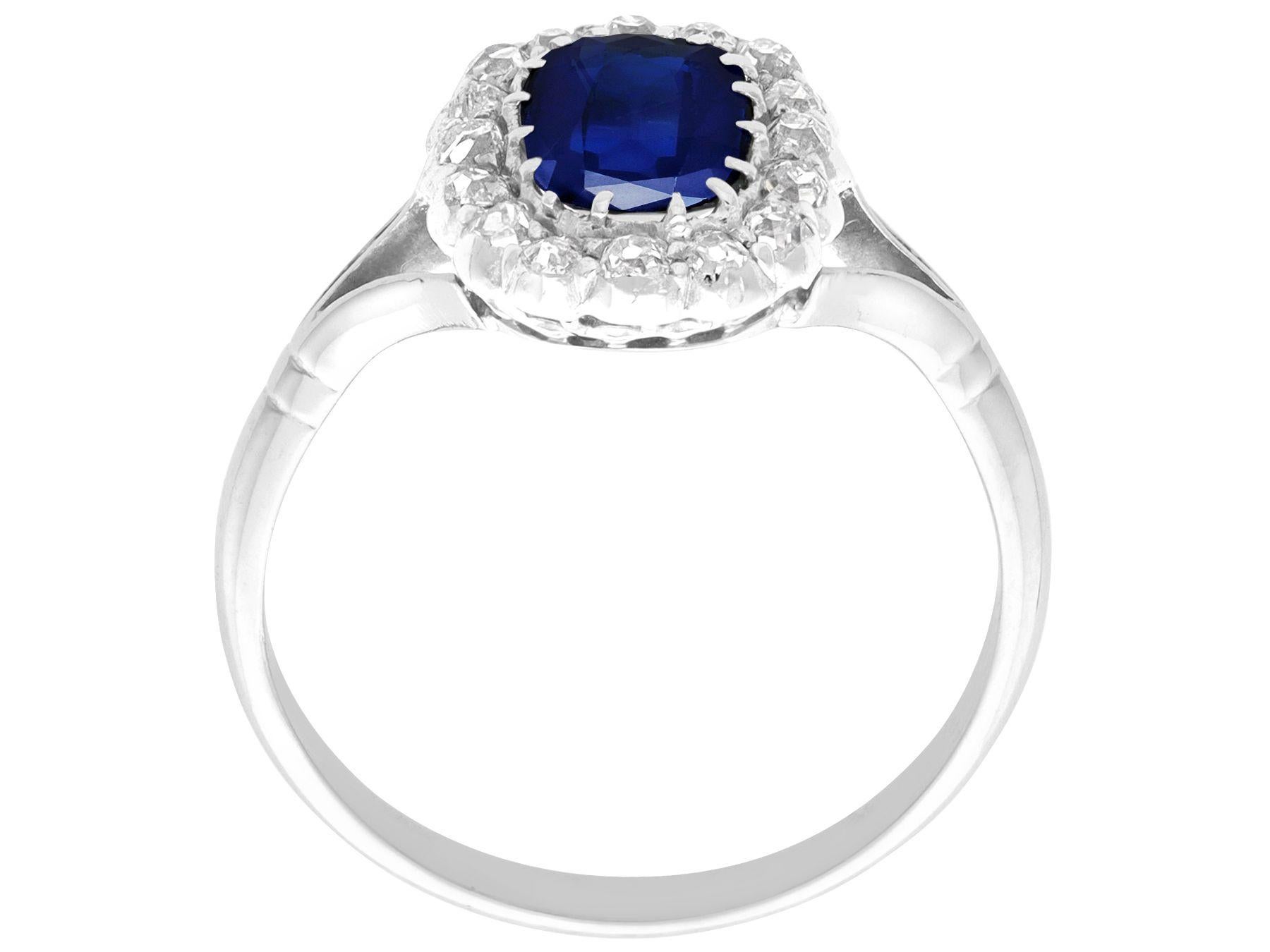 Women's or Men's Antique 1.55 Carat Sapphire and Diamond White Gold Cluster Ring For Sale