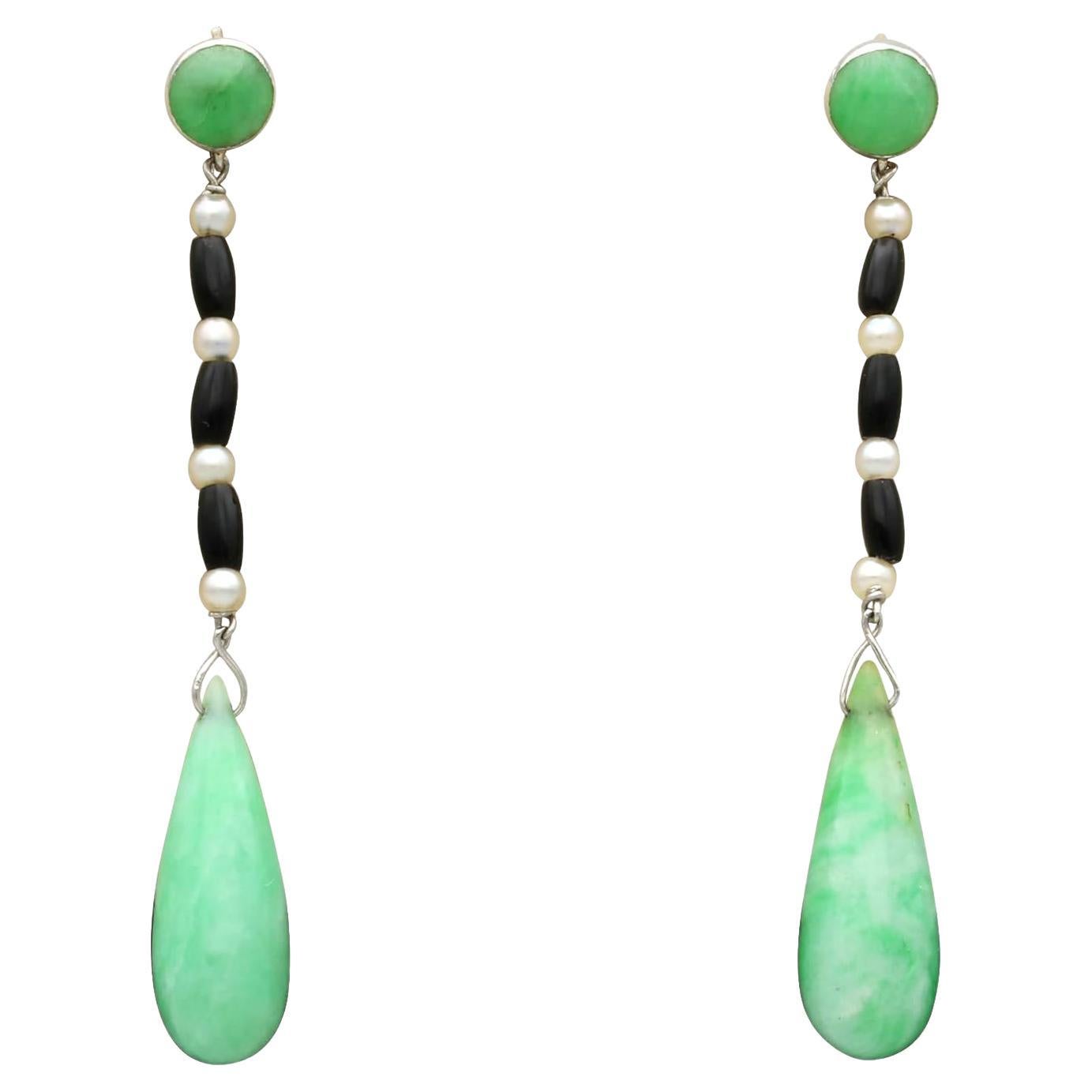 Antique 15.50 Carat Jade 1 Carat Onyx and Pearl Yellow Gold Drop Earrings For Sale