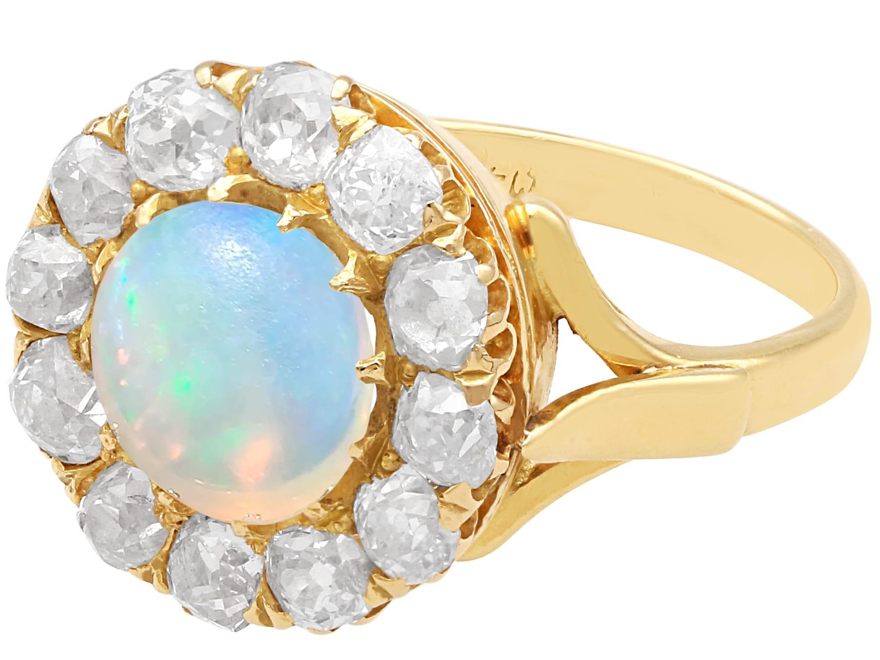 Cabochon Antique 1.56 Carat Opal and 2.10 Carat Diamond 18k Yellow Gold Dress Ring  For Sale