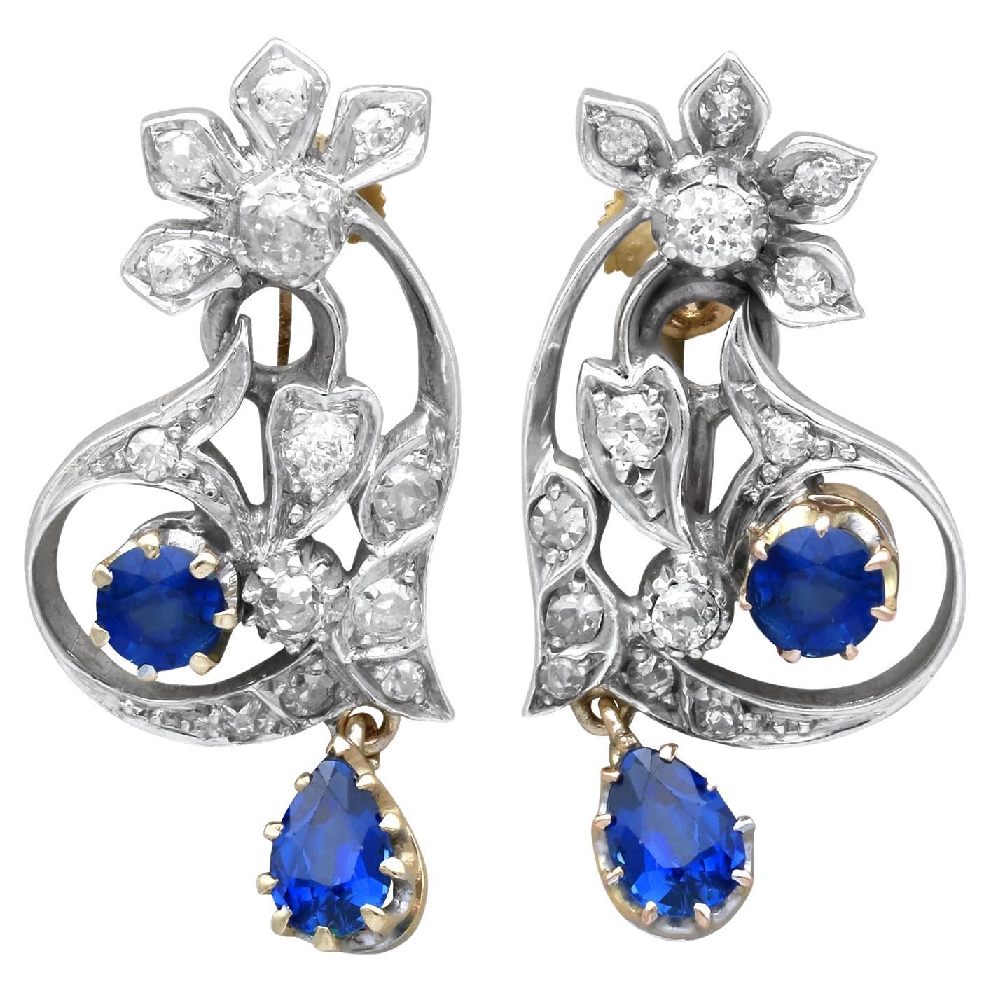 Antique 1.56 Carat Sapphire and 1.20 Carat Diamond 9k Yellow Gold Earrings For Sale