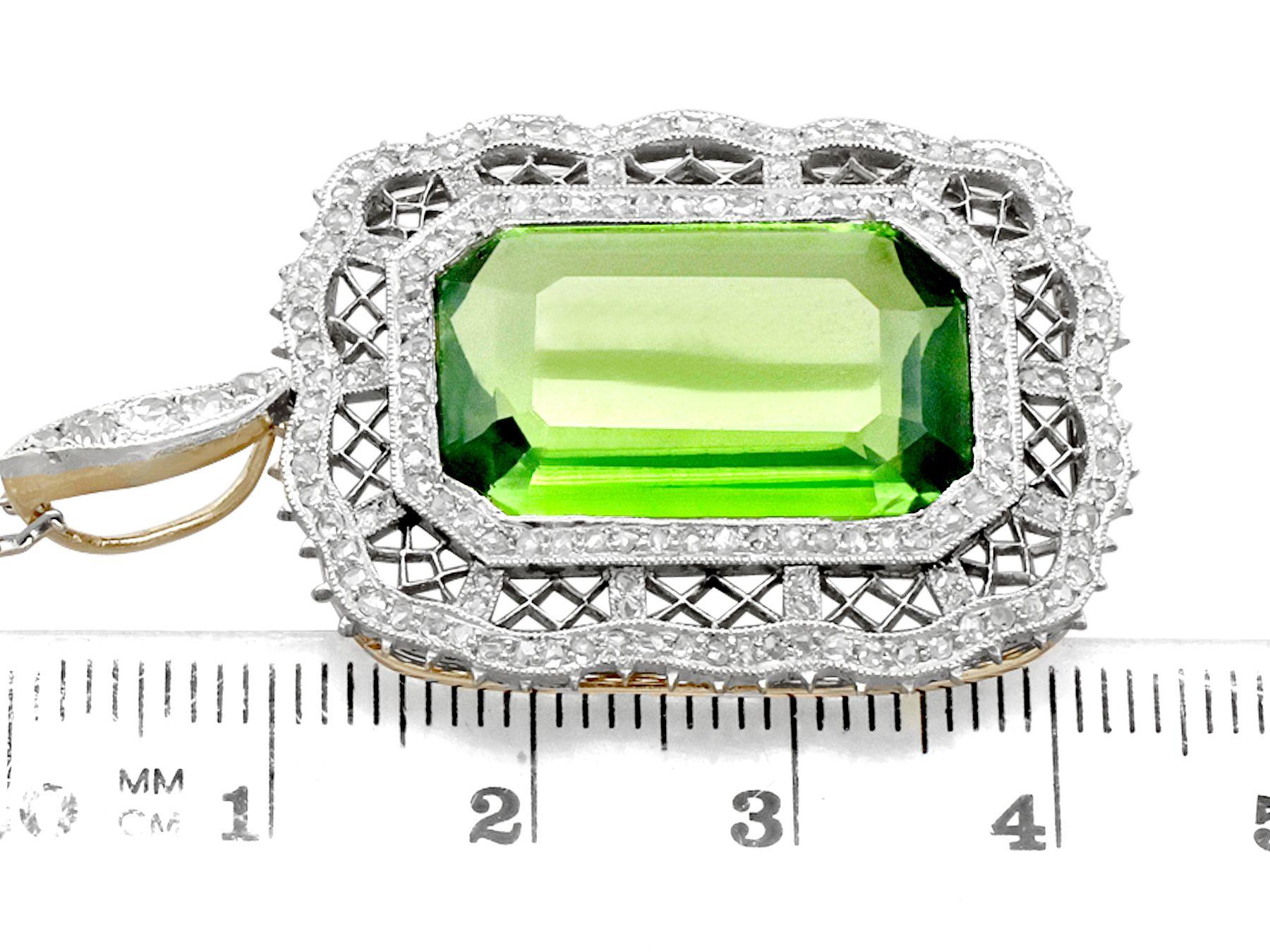 Emerald Cut Antique 15.66 Carat Peridot and 1.65 Carat Diamond Yellow Gold Pendant For Sale
