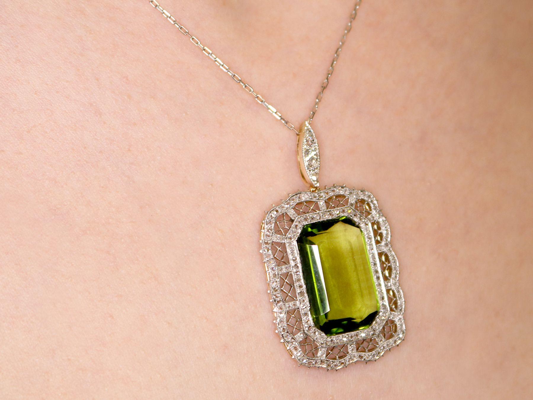 Women's Antique 15.66 Carat Peridot and 1.65 Carat Diamond Yellow Gold Pendant For Sale
